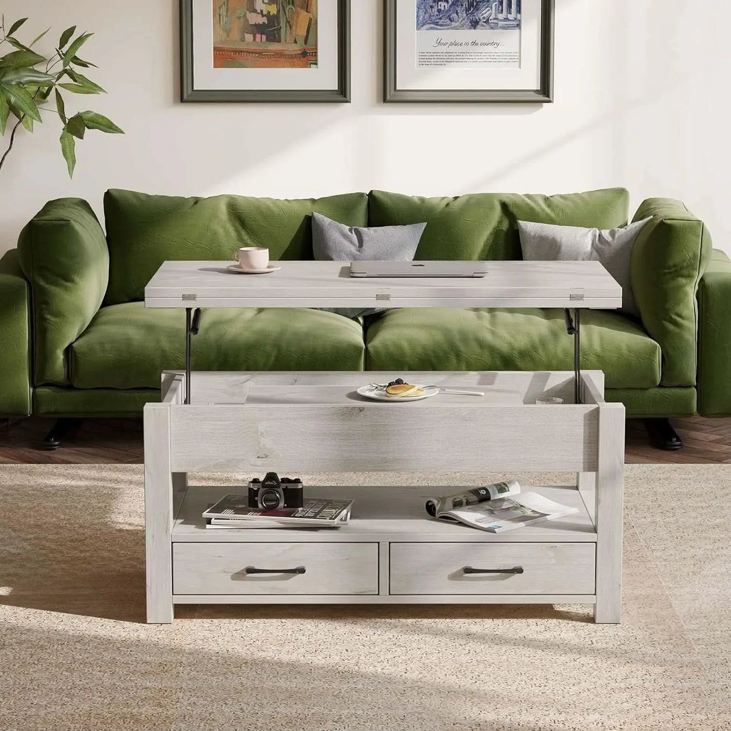 Grey Lift Top Coffee Table With Drawers Hidden Compartment from PriceLows™