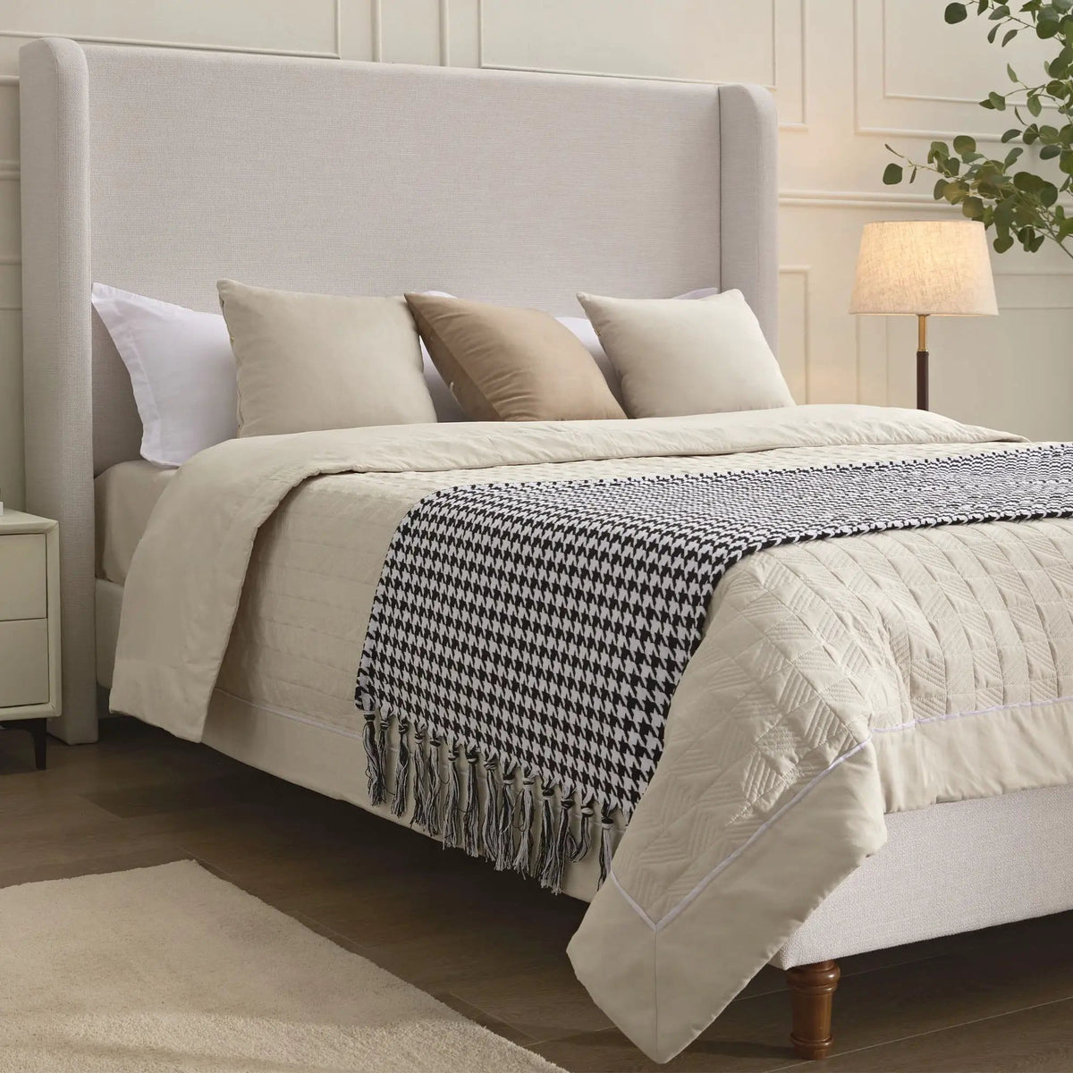 Hayden Upholstered Wingback Bed With Tall Headboard | 2 Pieces | Solid Wood & Walnut | Bedroom