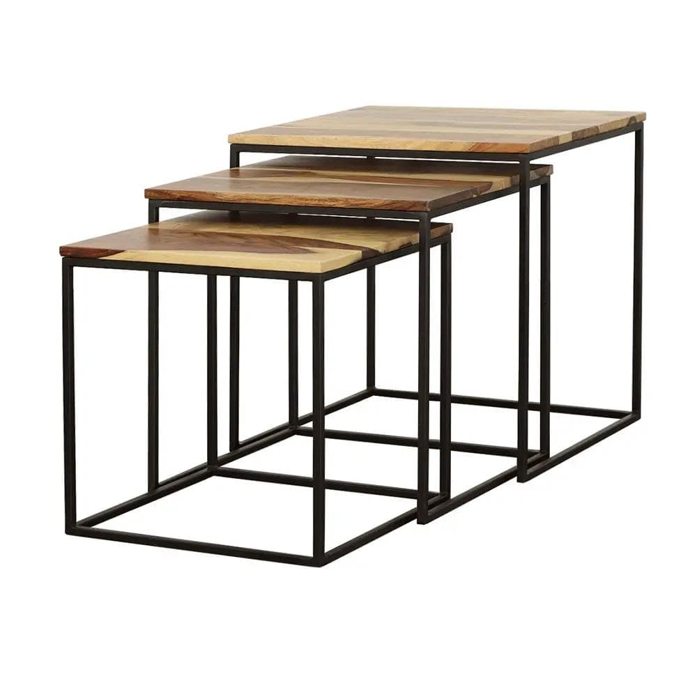 Belcourt 3-piece Square Nesting Tables Natural and | 3-Piece Set | Iron & Wood | Black