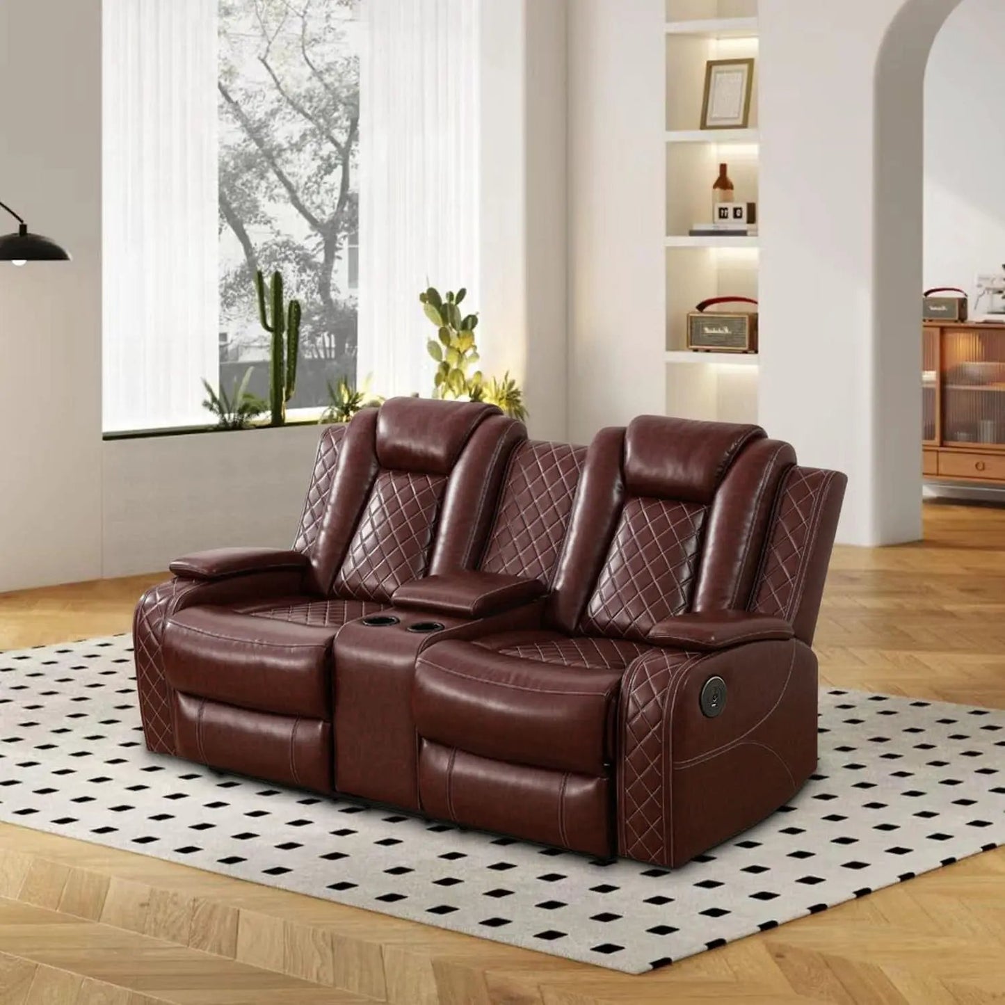 Power Reclining Leather Sofa Set With USB Ports Burgundy from PriceLows™