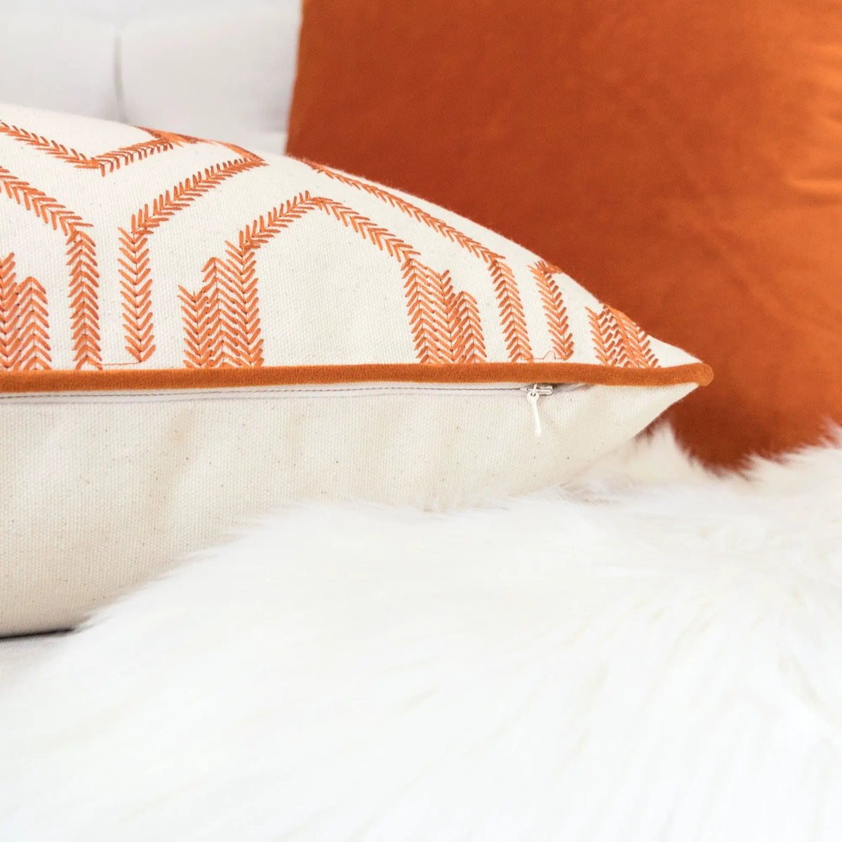 Geometric Embroidered Throw Pillow | Rust Burnt Orange | Natural Cotton Base | 20 x 20 Inch