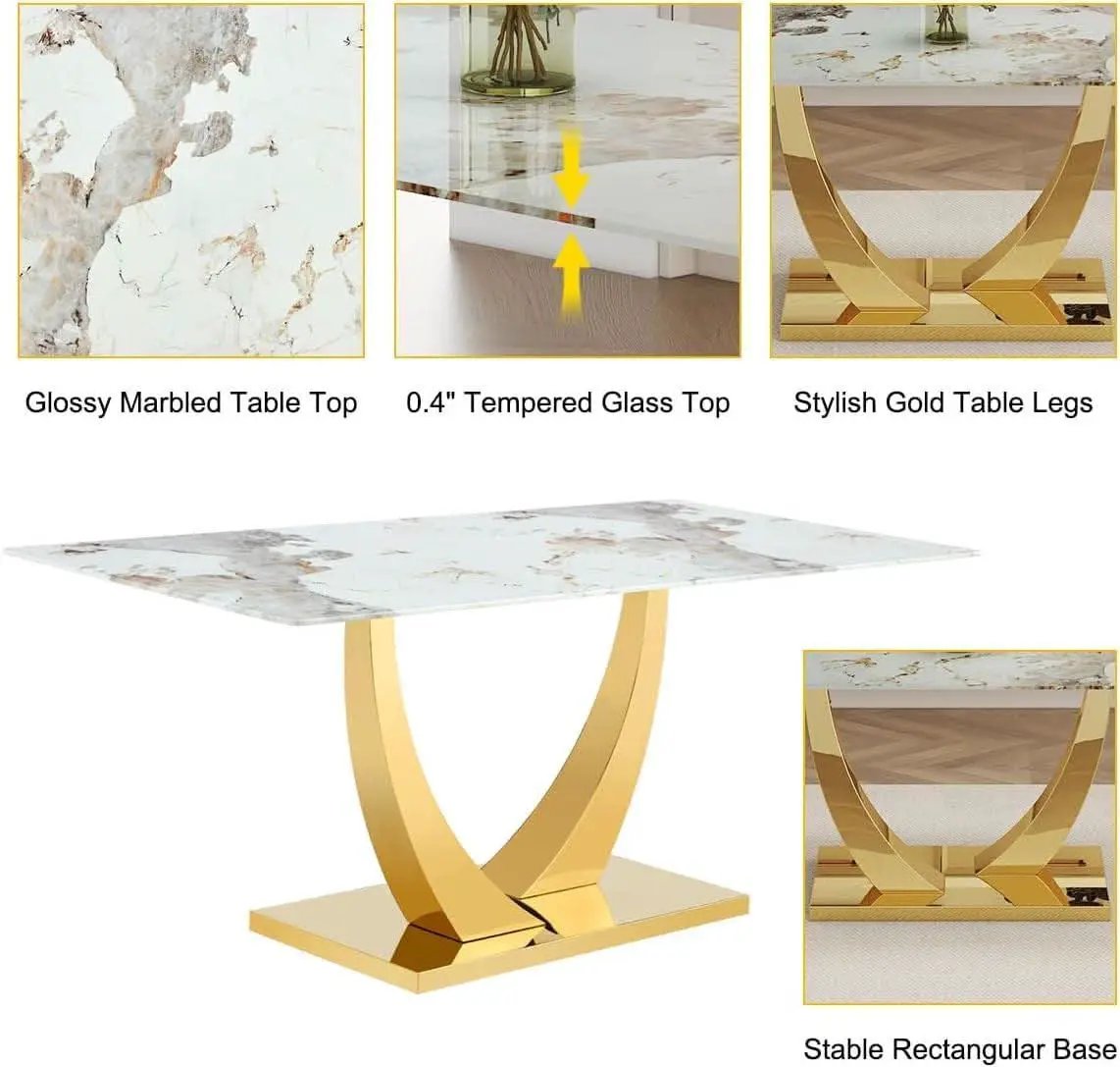 71 Inch Faux Marble Dining Table Tempered Glass Top from PriceLows™