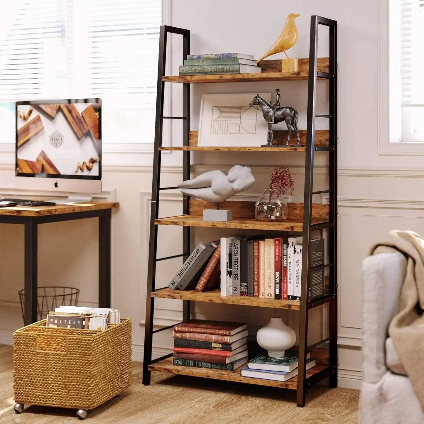 Industrial Ladder Shelf 5 Tier Bookshelf Rustic Brown from PriceLows™