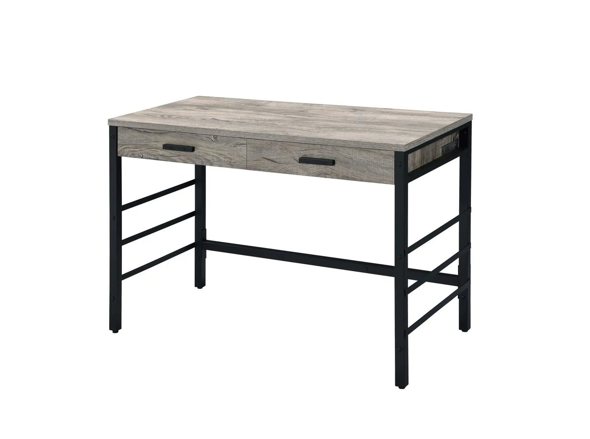 Disho Weathered Writing Desk With USB | Oak Finish | Two Storage Drawers | Ladder Metal Base