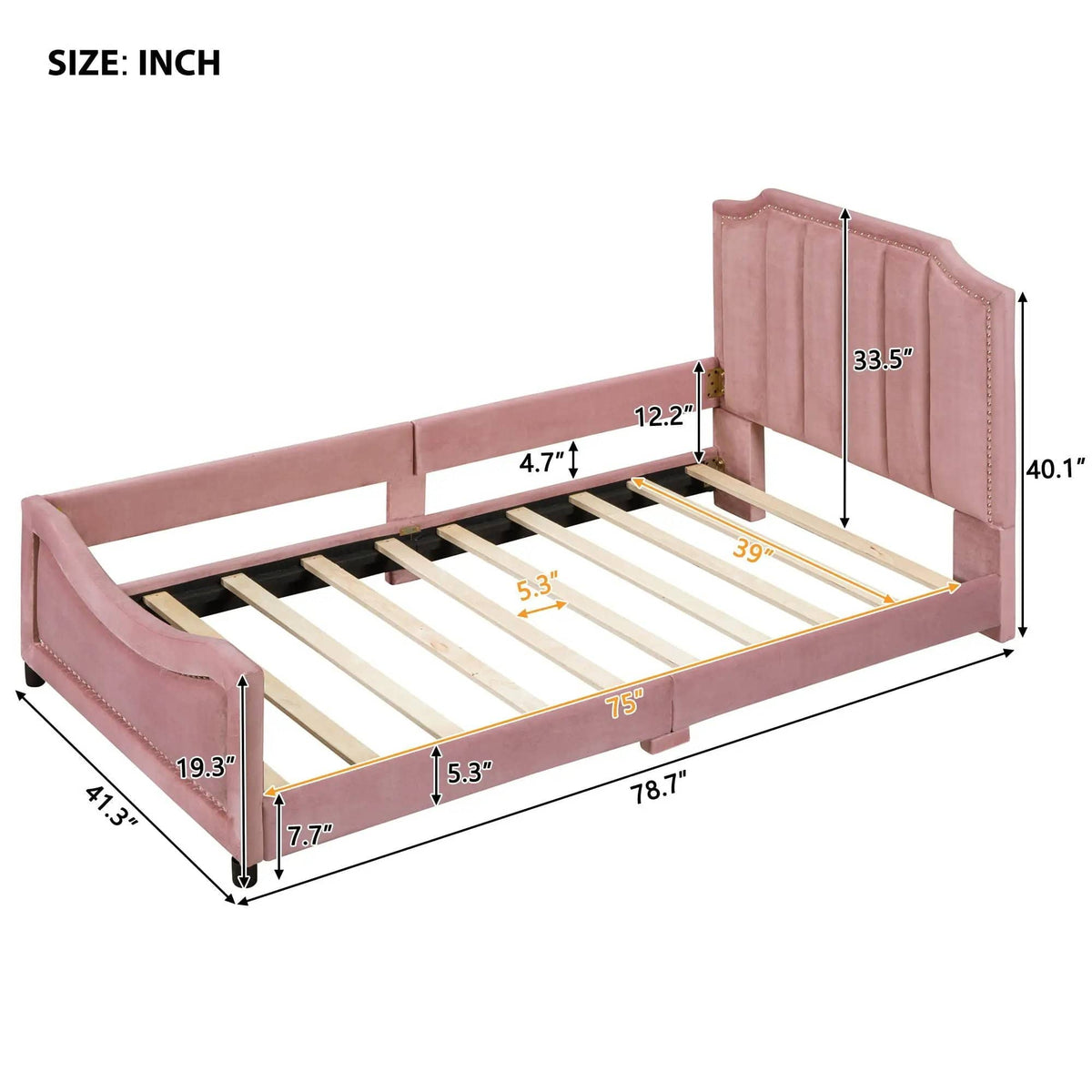Upholstered Daybed With Classic Stripe Shaped Headboard | 2 Pieces | Pine Wood | Bedroom