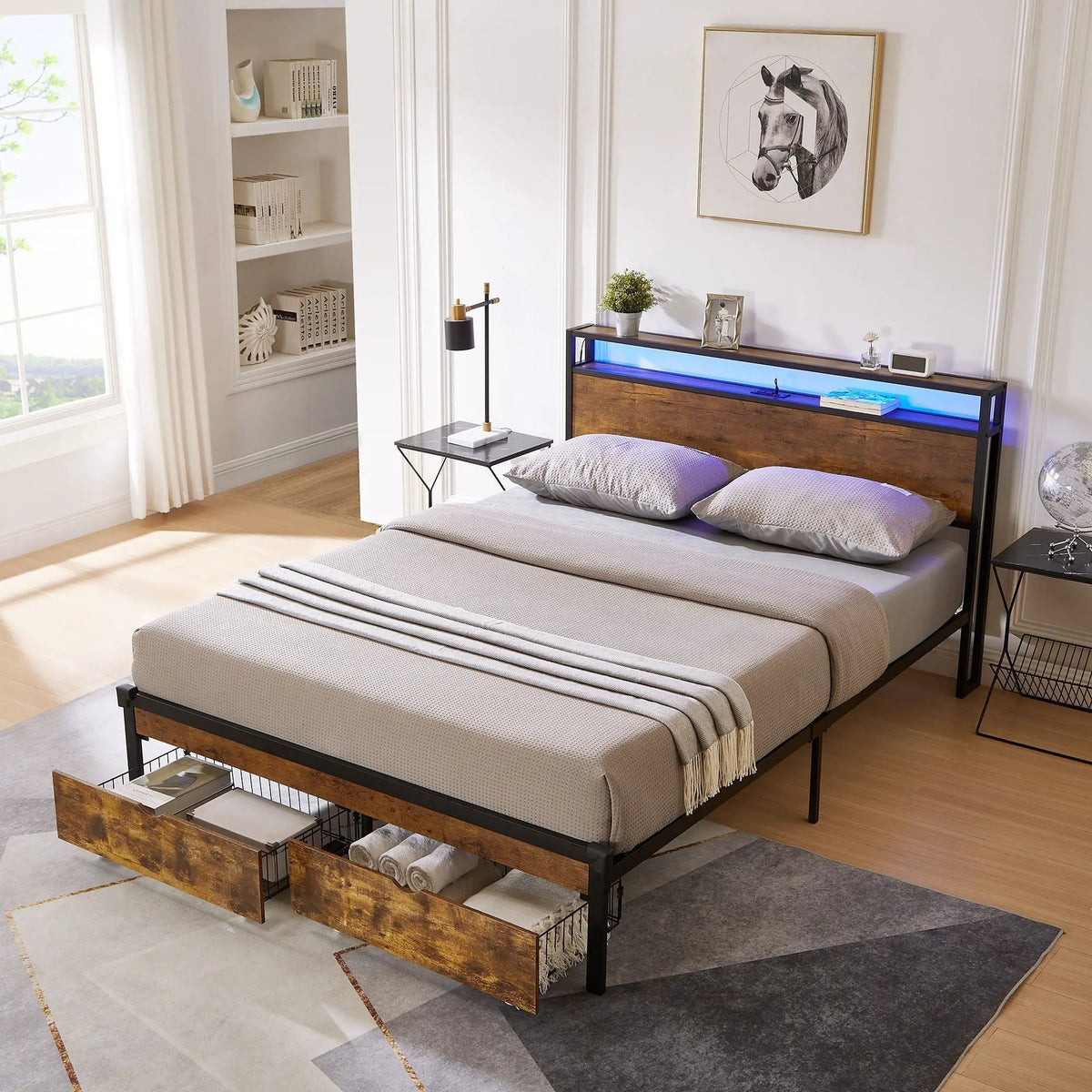 Modern Metal Bed Frame | USB Charging | Dual Storage Drawers | LED Headboard