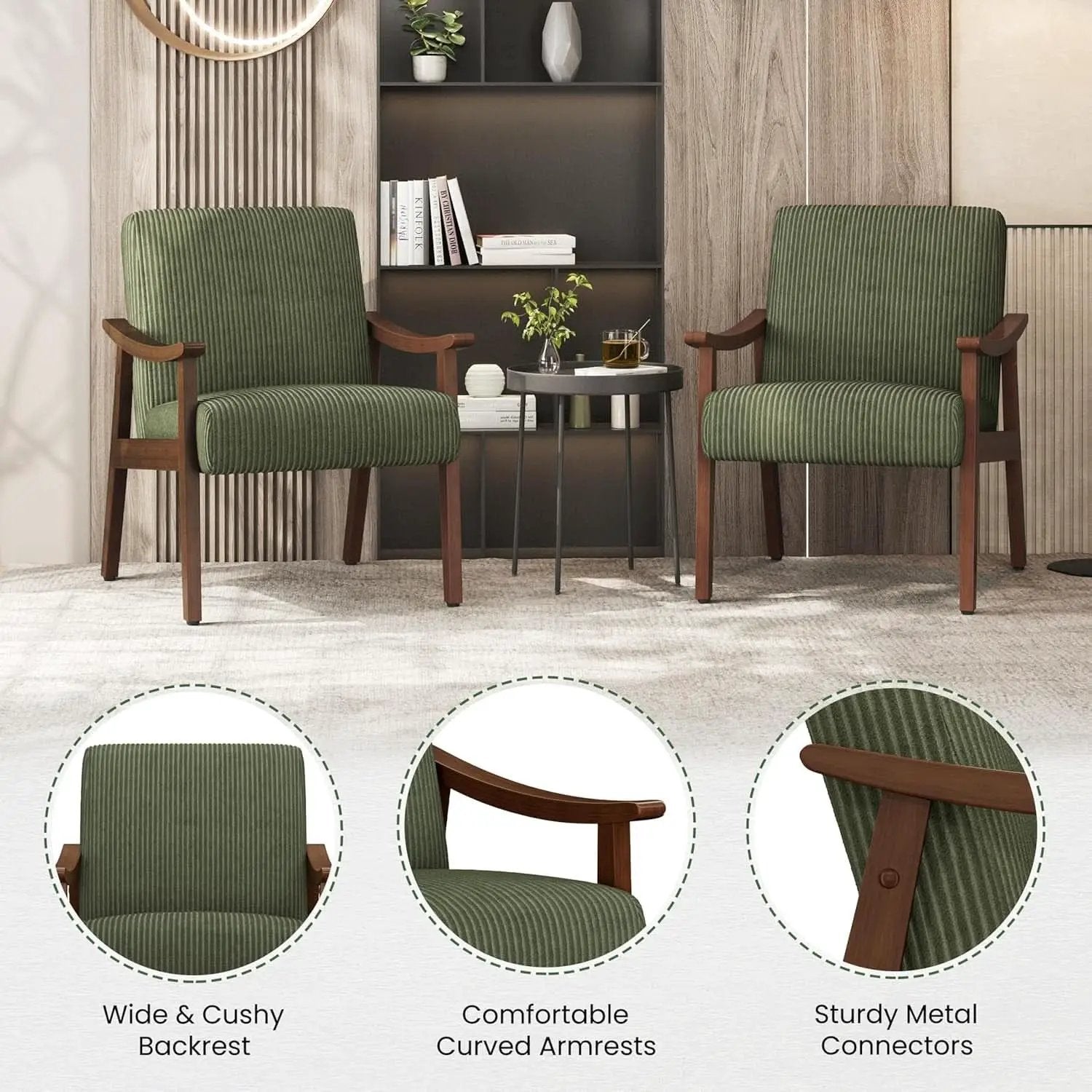 Dark Green Corduroy Armchair Mid Century Solid Wood from PriceLows™
