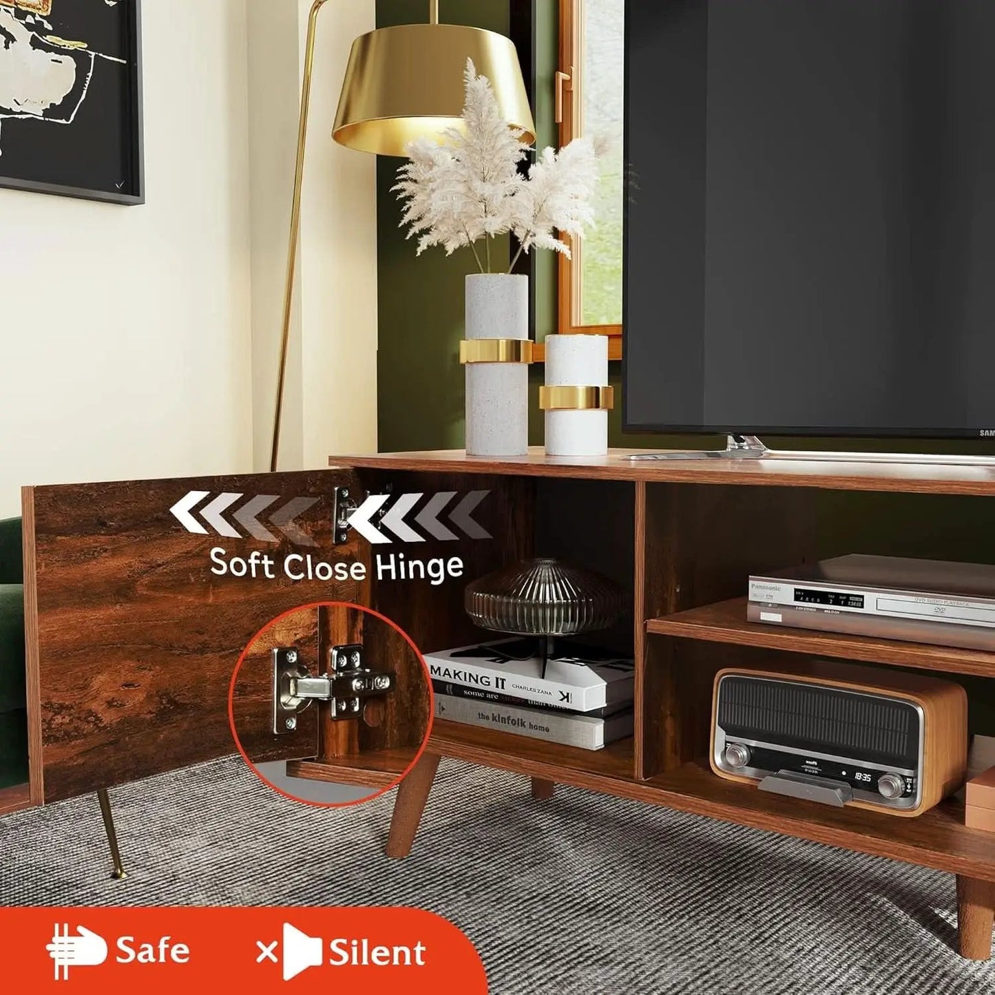 Mid Century TV Stand 55 to 60 Inch Retro Brown Finish from PriceLows™