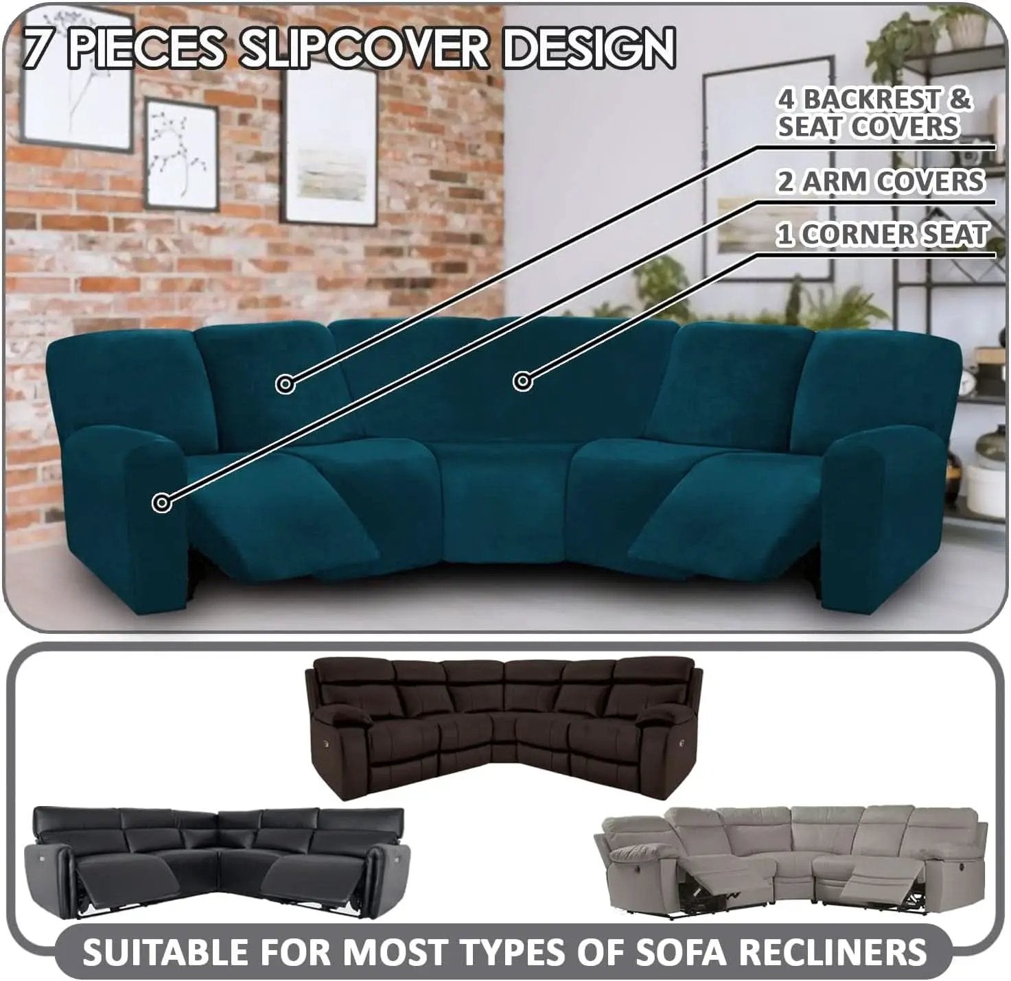 Velvet Seven Piece Sectional Recliner Sofa Cover Deep Teal from PriceLows™