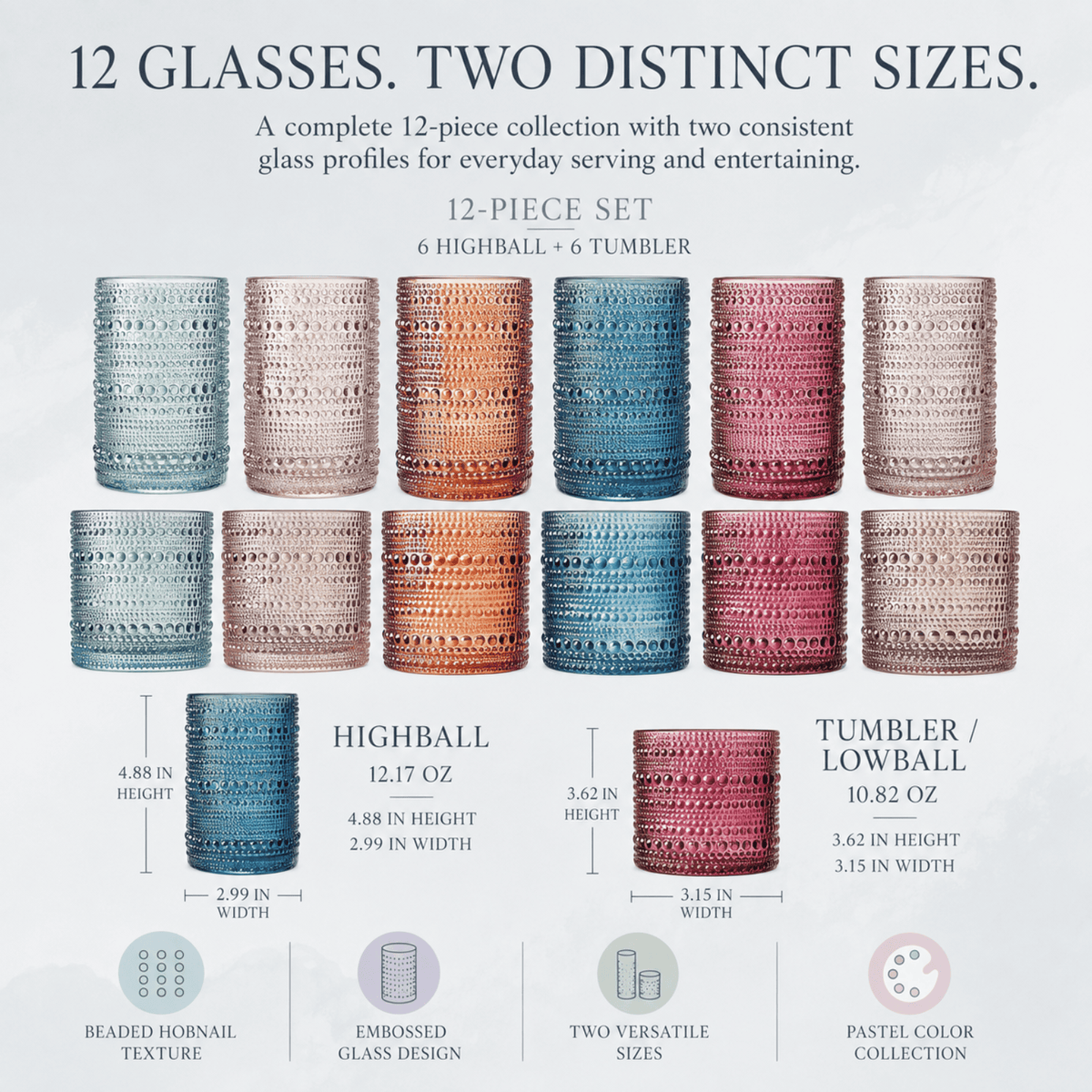 Tonal Hobnail Highball & Lowball Glassware | 12.17 oz | Set of 12 | Entertaining