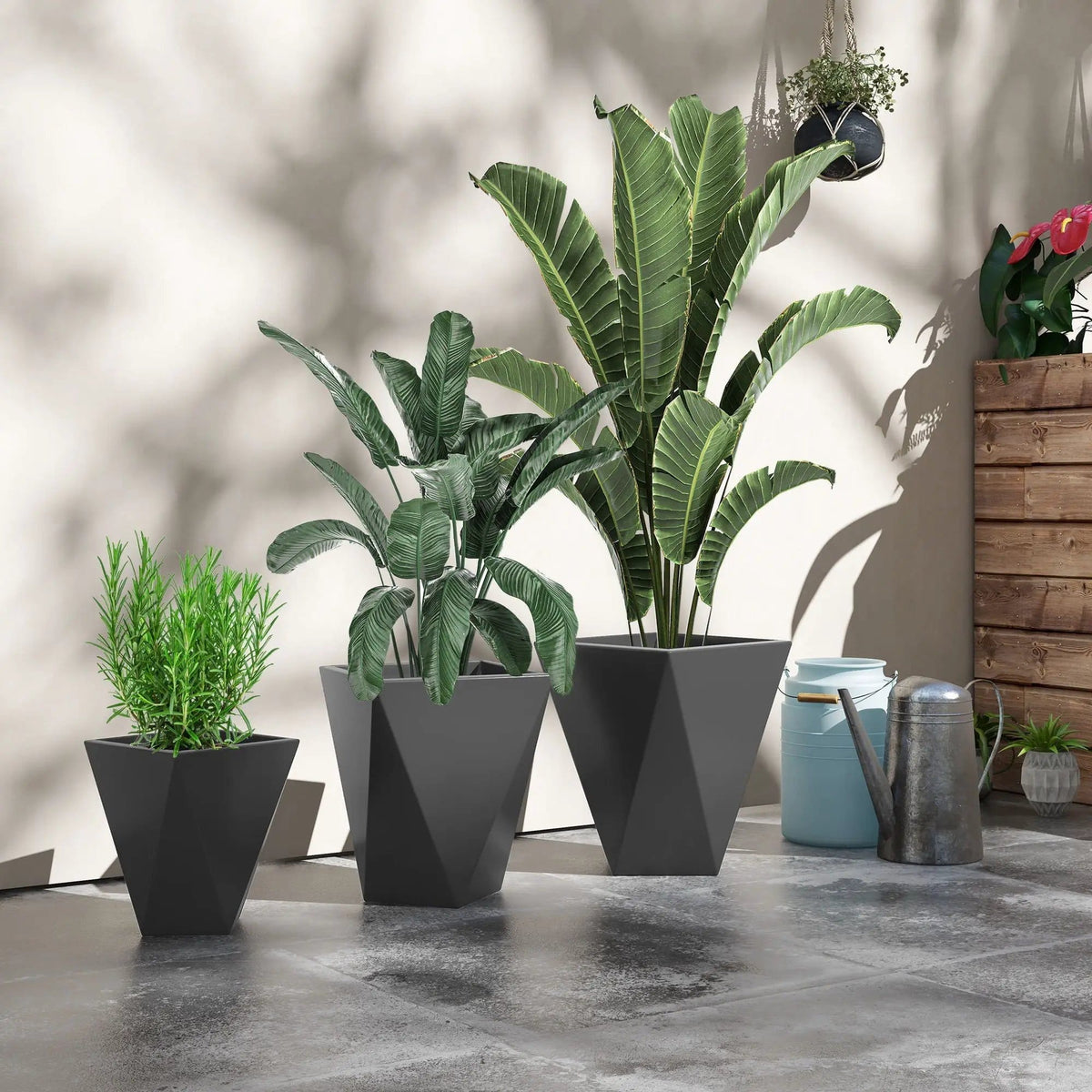 Outsunny 18", 15.25", 11.75" Tall Planters (Set of 3), Indoor Outdoor Planters With | 15.25 x 15.25 x 18 in | Outdoor Living Furniture | Gray