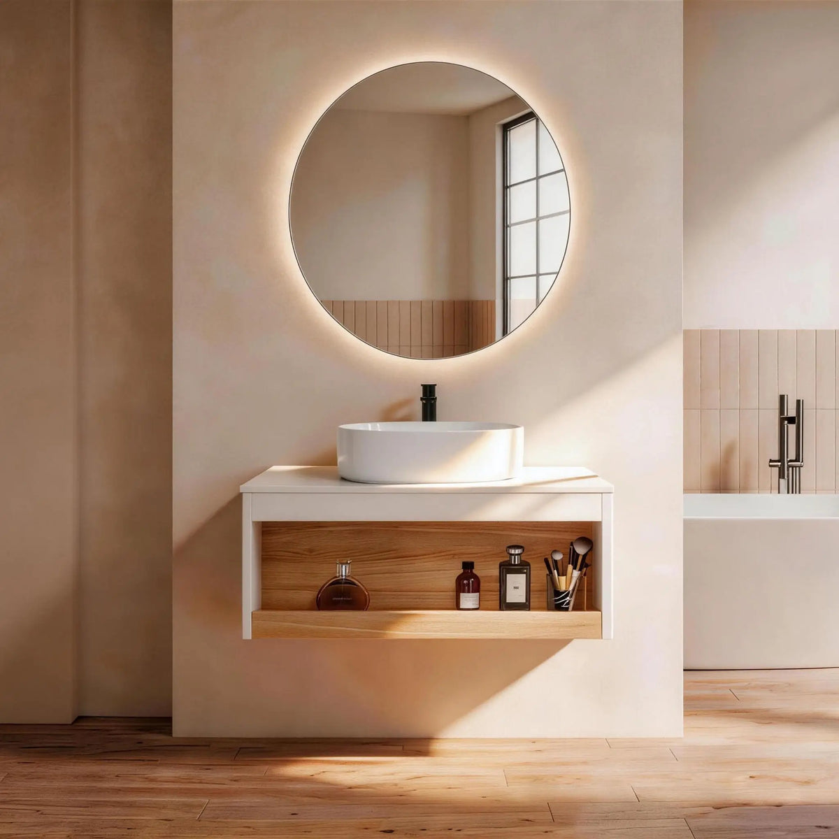 Floating Bathroom Vanity | Round Glossy Sink | Wall Mounted | Compact Design
