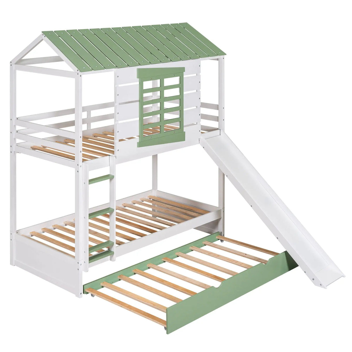 Twin House Bunk Bed | With Trundle | With Slide | White