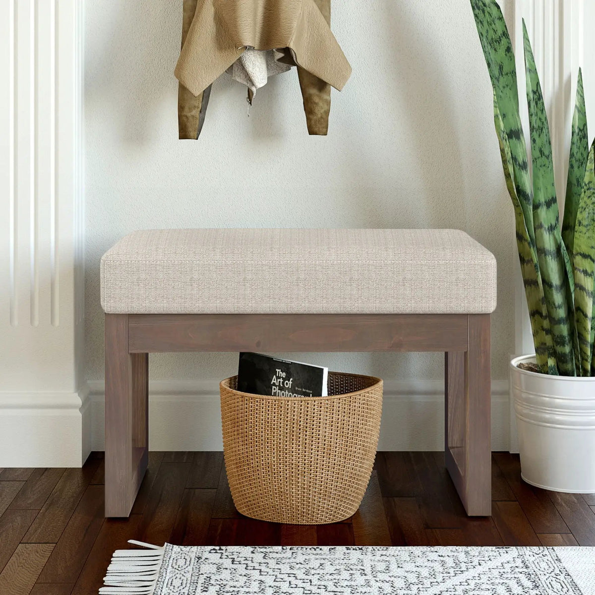 Milltown Upholstered Ottoman Bench | Driftwood Solid Wood Base | Versatile Design | 44.5 Inch Width