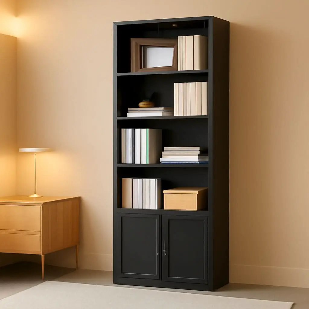 Black Six Tier Floor Standing Bookshelf With Doors from PriceLows™