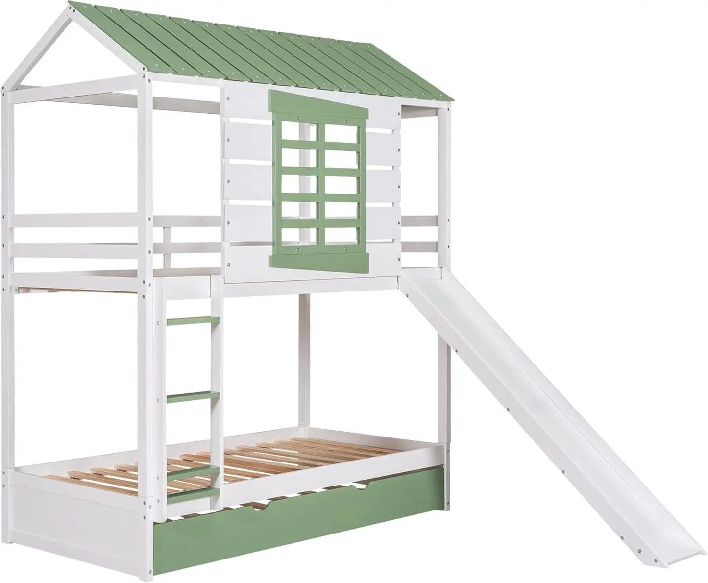 Bunk Bed Twin Over Twin With Slide And Trundle White Green from PriceLows™