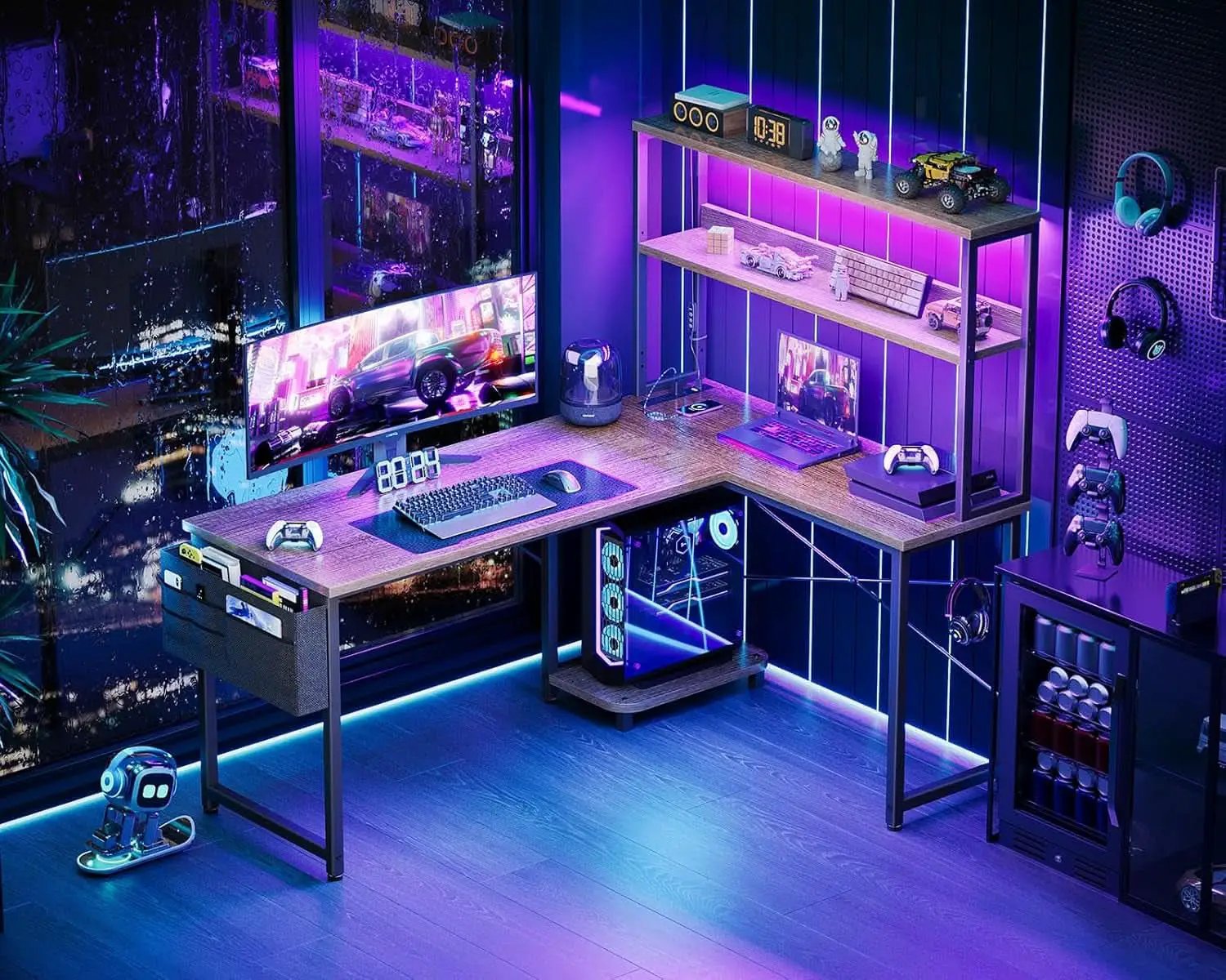 53 Inch L Shaped Gaming Desk Grey Oak Home Office Workspace from PriceLows™