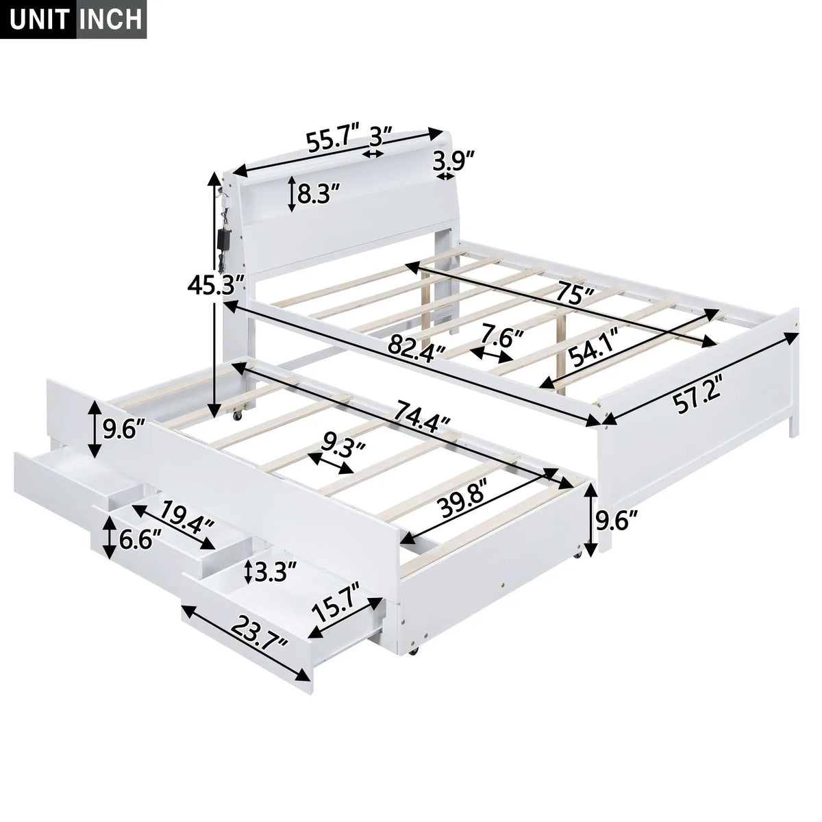 Full Size Platform Bed | LED Headboard Storage | Twin Trundle | 3 Drawers White