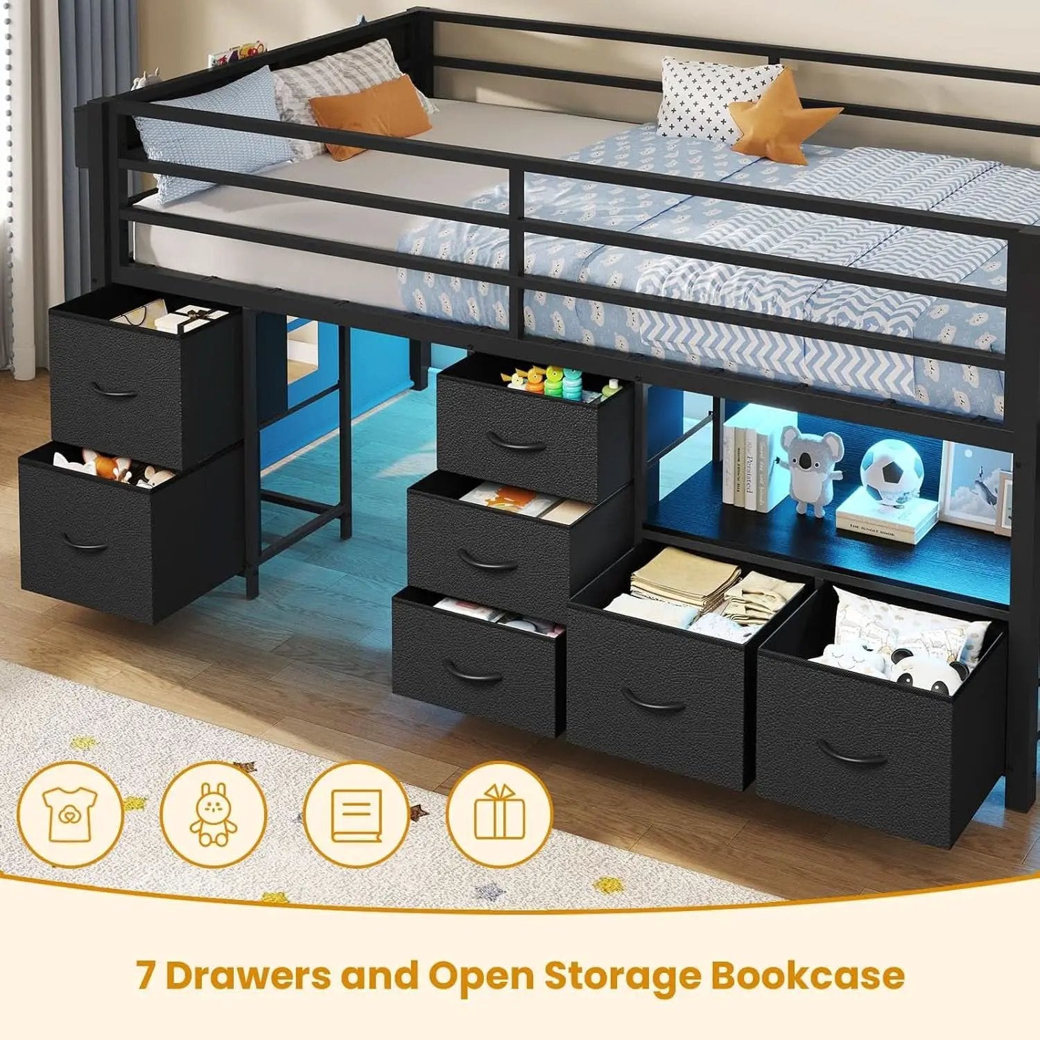 Twin Loft Bed With LED Lights And Storage Drawers Included from PriceLows™