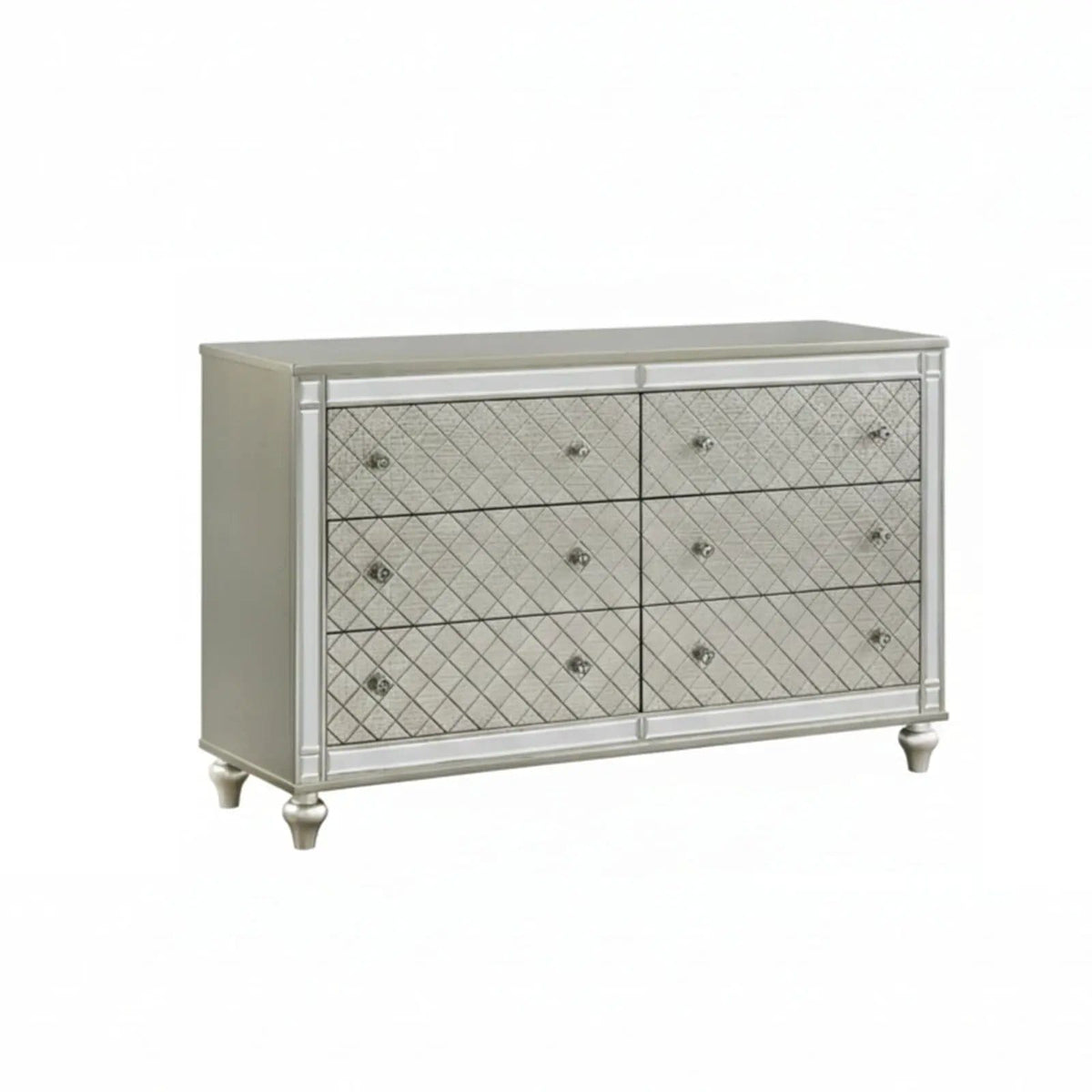 6 Drawer Bedroom Dresser With Diamond Patterned Drawer Fronts - | 62 x 18.3 x 37.8 in | 6-Drawer | Silver