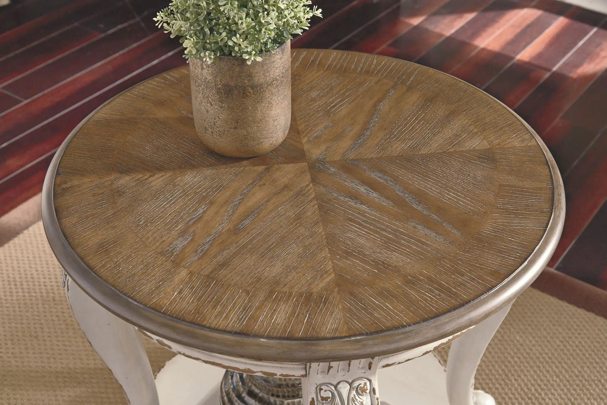 Realyn Round End Table | White And Brown | Antiqued Two-Tone Finish | Ash Veneer