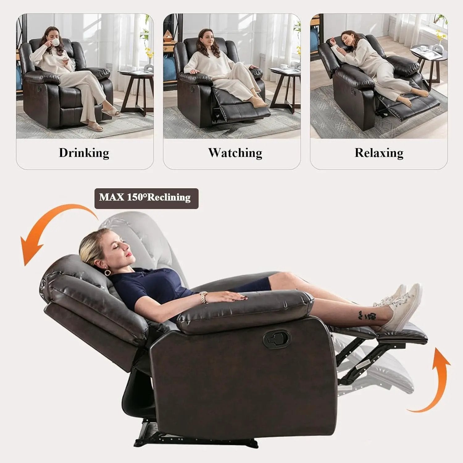 Manual Recliner Chair In Dark Brown Breathable Faux Leather from PriceLows™