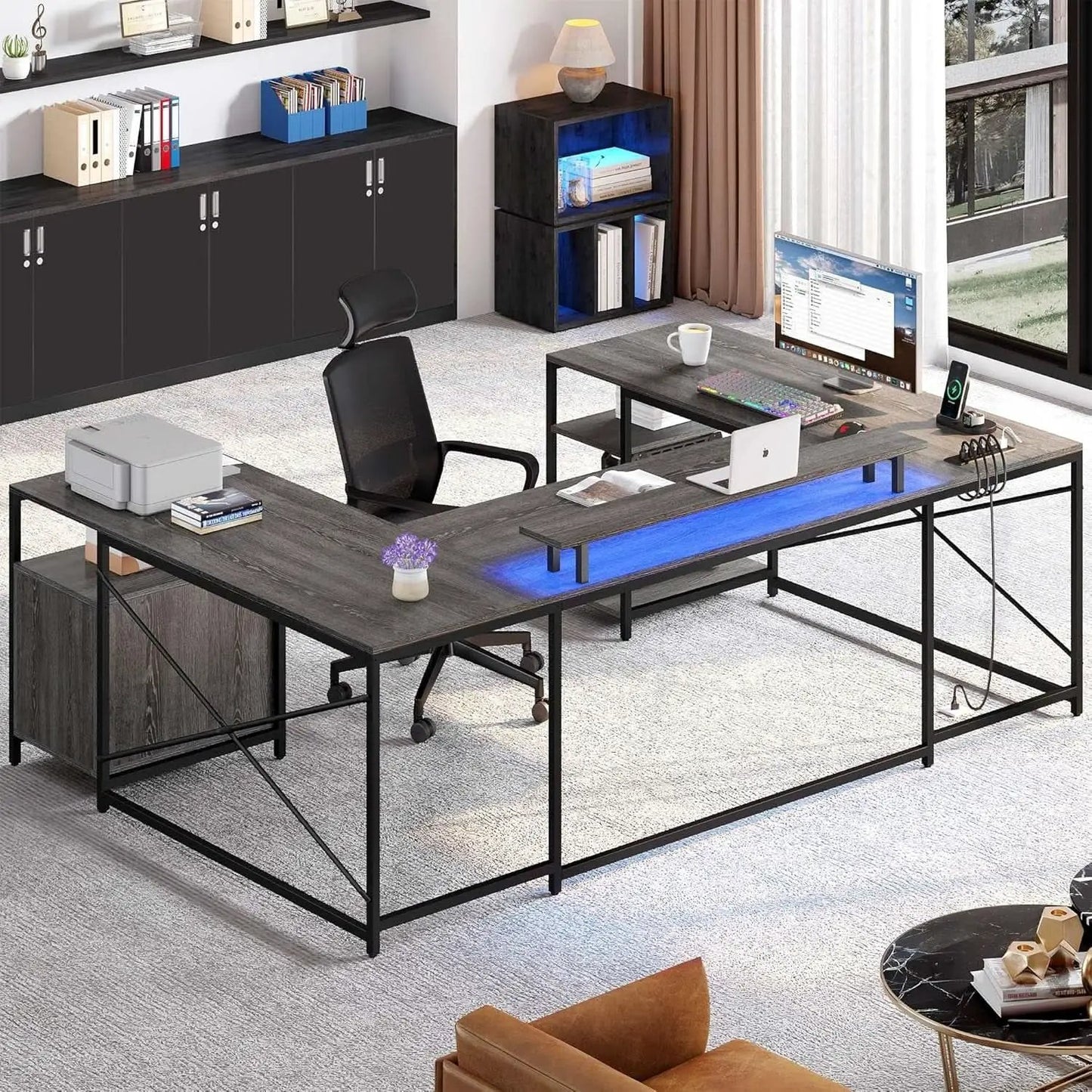 U Shaped Desk 79 Inch Power Outlets And Led Lights Grey from PriceLows™