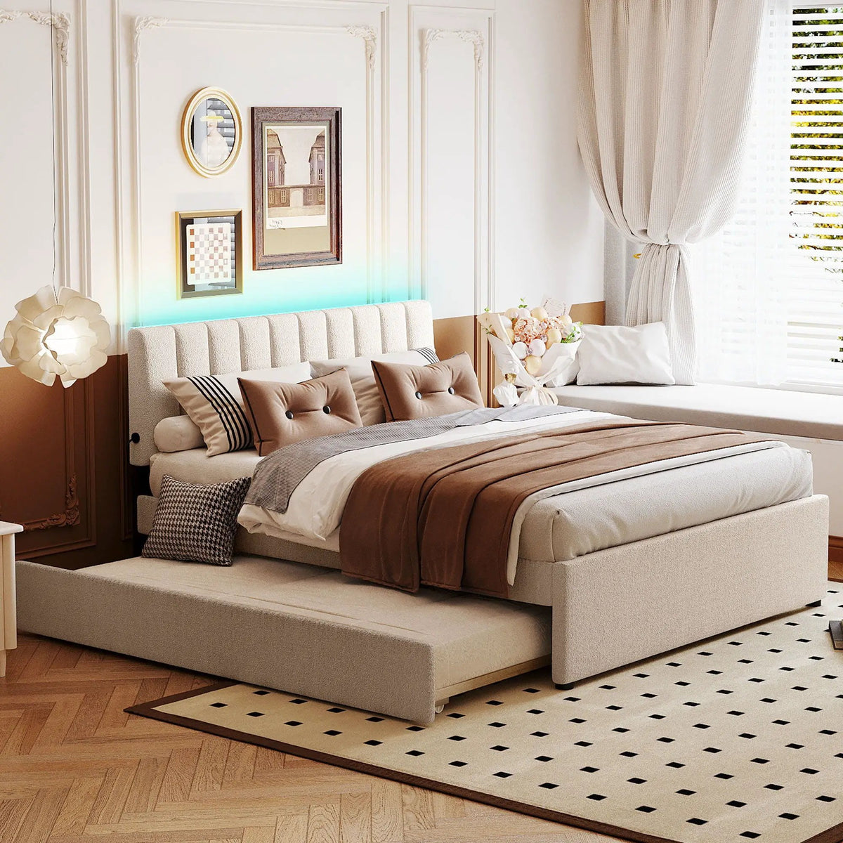 Upholstered Platform Bed | Trundle Included | Comfortable Design | 76 Inch Length