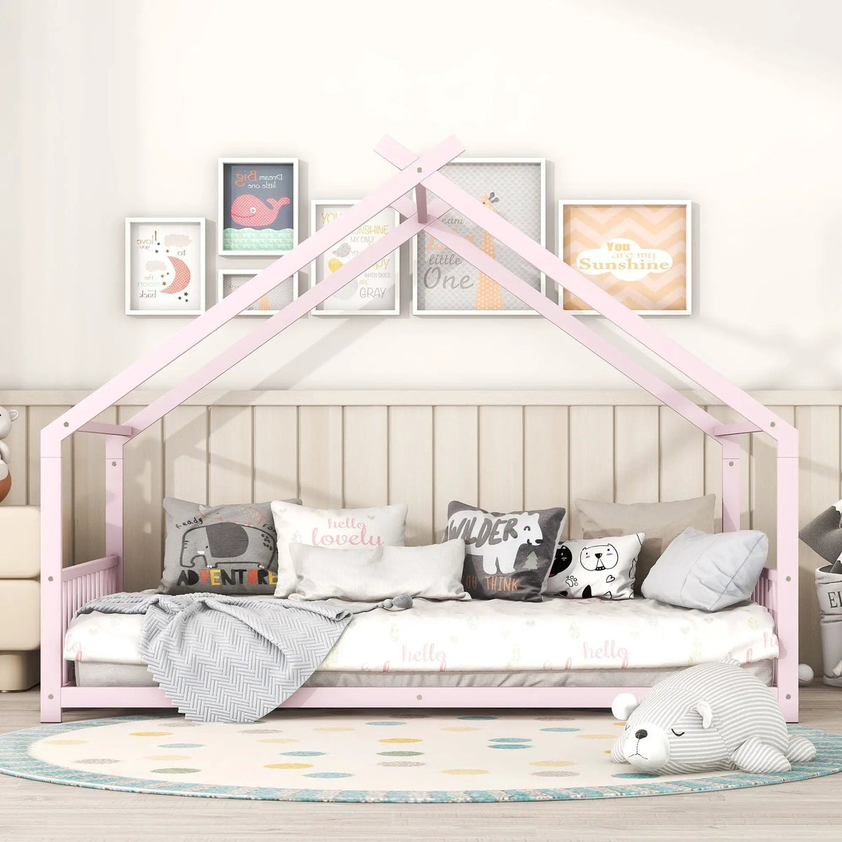 Metal House Bed | Roof Design | Semi-Enclosed Play Space | Contemporary Neutral Finish