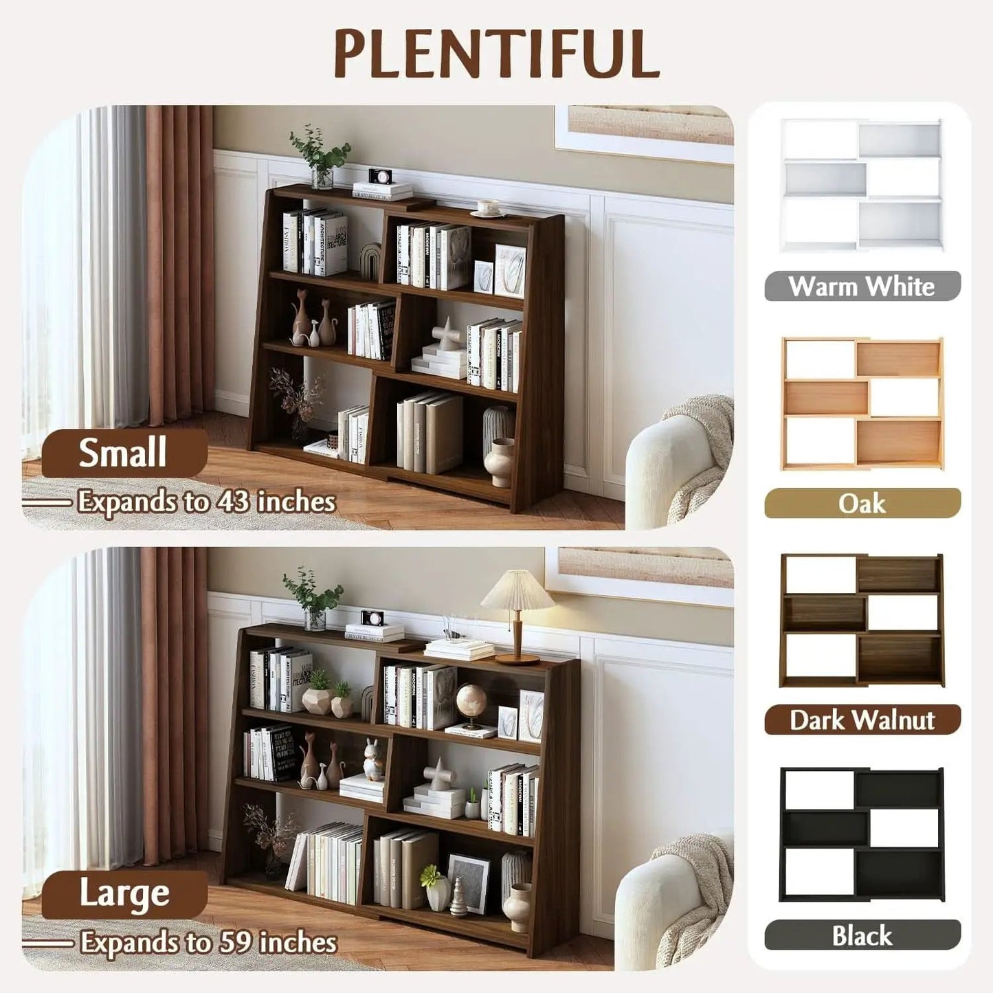 Extendable Walnut Three Tier Bookcase With Open Cubbies from PriceLows™