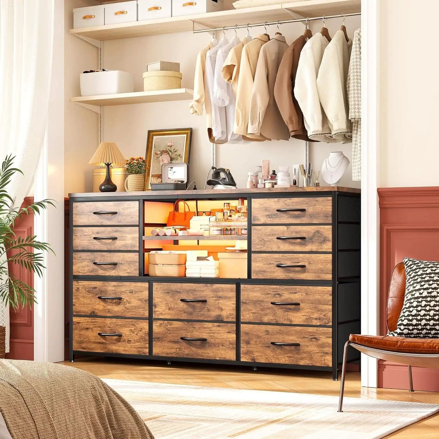 Dresser With LED Lights And Power Outlets 12 Fabric Drawers from PriceLows™