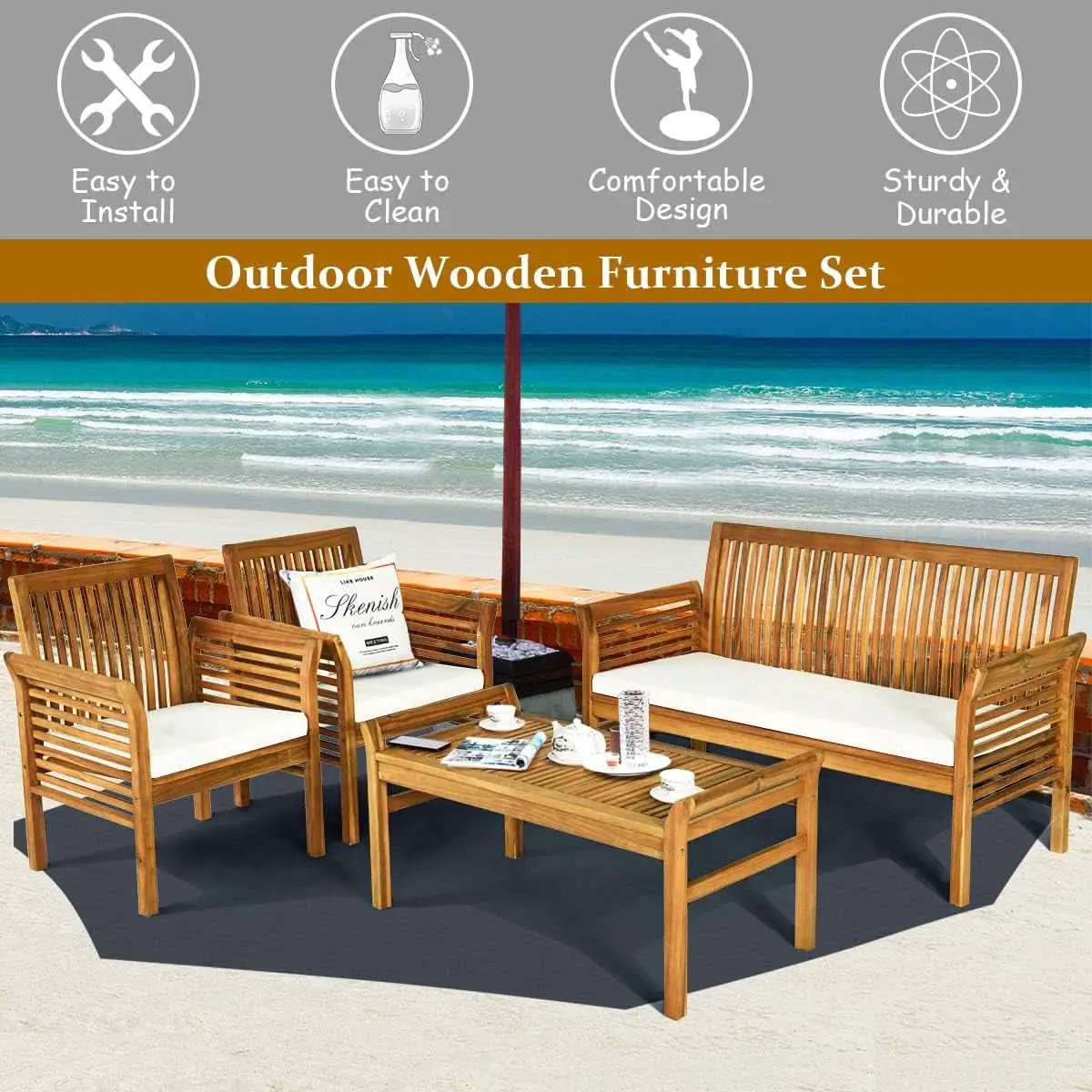 Outdoor Acacia Wood 4 Piece Sofa Set With Water Resistant Cushions Coffee Table from PriceLows™