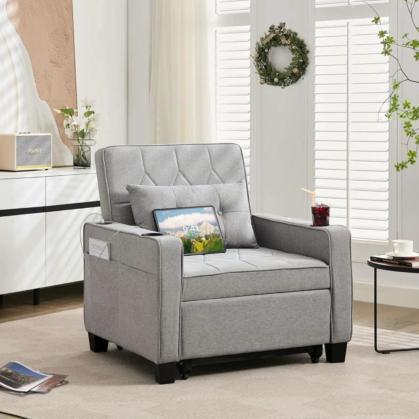 Charcoal Grey Convertible Sleeper Chair With USB Ports from PriceLows™