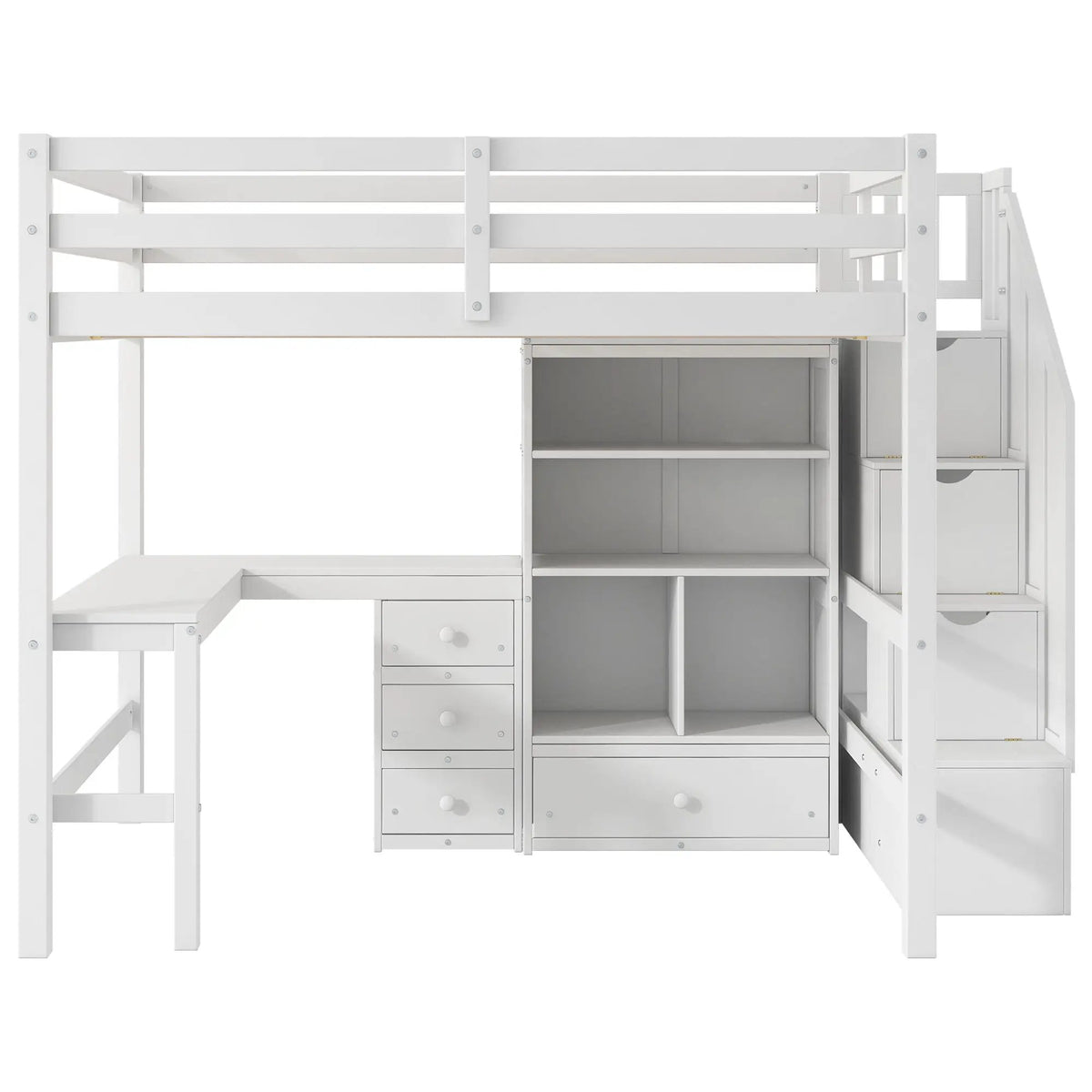 Loft Bed With L-Shaped Desk | Three Drawers | Cabinet | Storage Staircase
