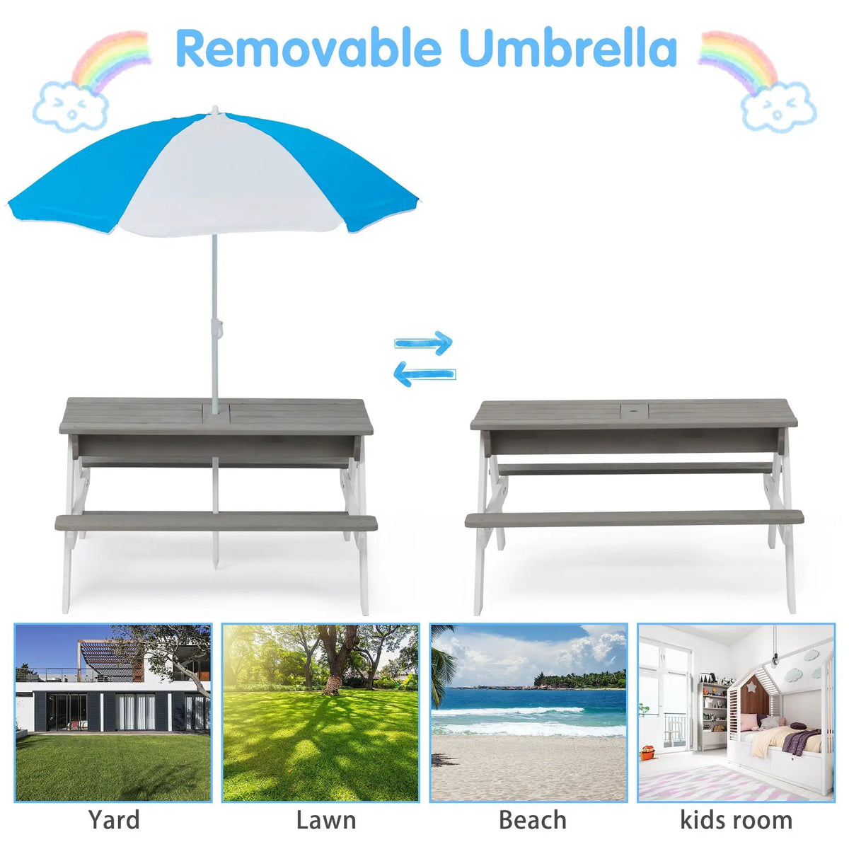 Kids Picnic Table With Umbrella | 3-In-1 Convertible Design | Natural Cedar Wood | Sand And Water Play