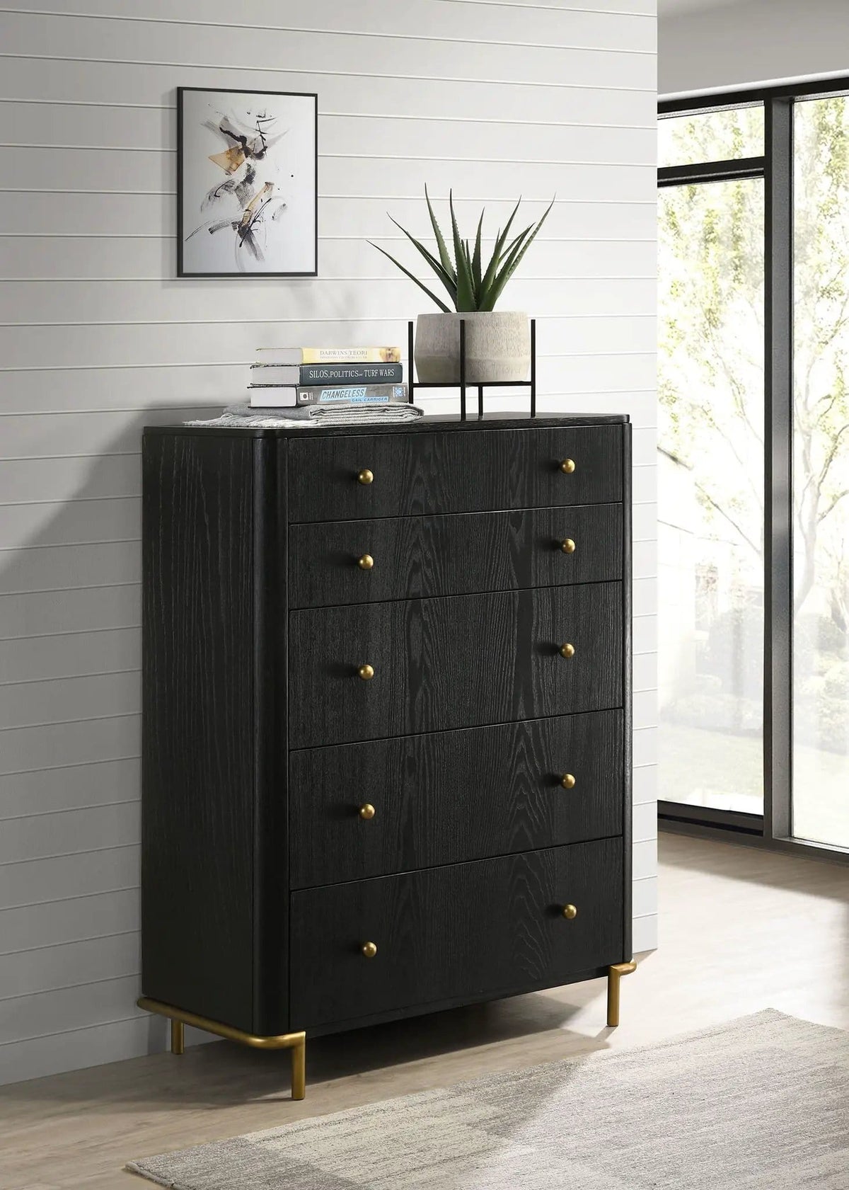Arini 5-drawer Bedroom Chest | 38 x 18 x 50.25 in | Metal & Veneer | Black