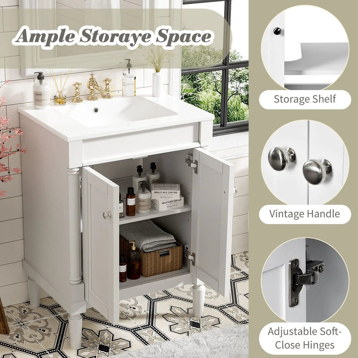24 Inch Bathroom Vanity With Top Sink | 2 Tier Storage Cabinet | Retro Metal Handles | Soft-Closing Hinges