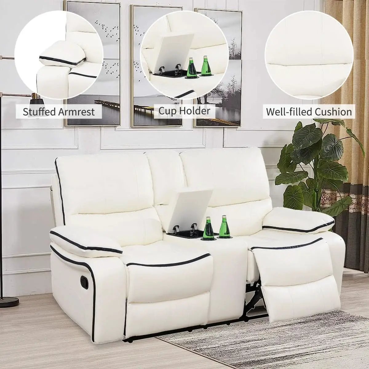 Leather Recliner Sofa Set With Storage Console White from PriceLows™