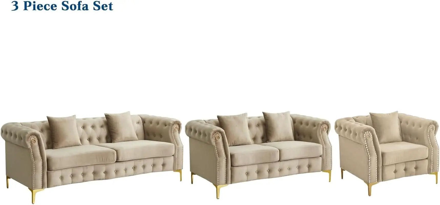 Three Piece Living Room Set Mid Century Sofa Armchair Loveseat Beige With Button Tufting And Nailhead Trim from PriceLows™