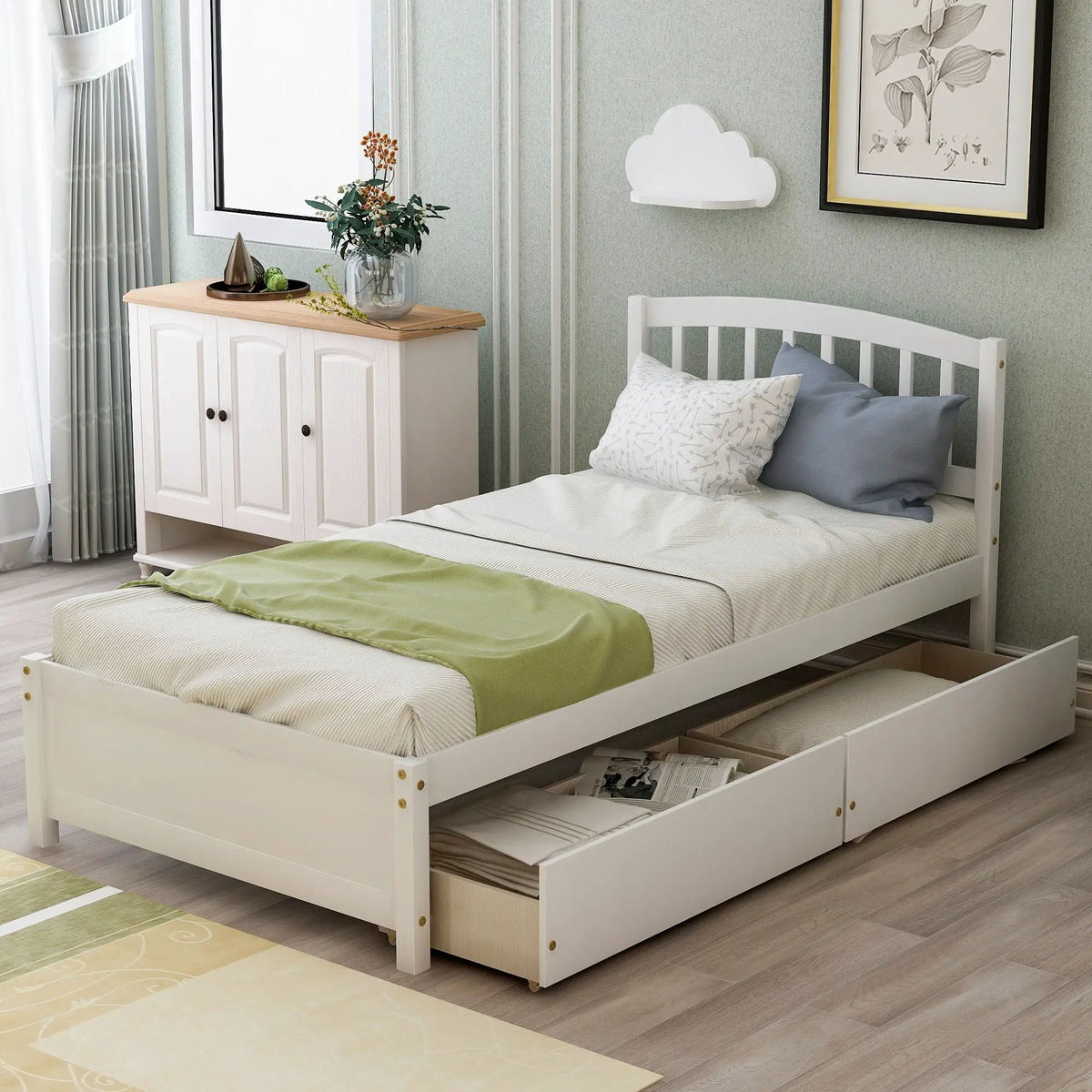 Platform Storage Bed | Wood Frame | Two Drawers | Headboard And Footboard