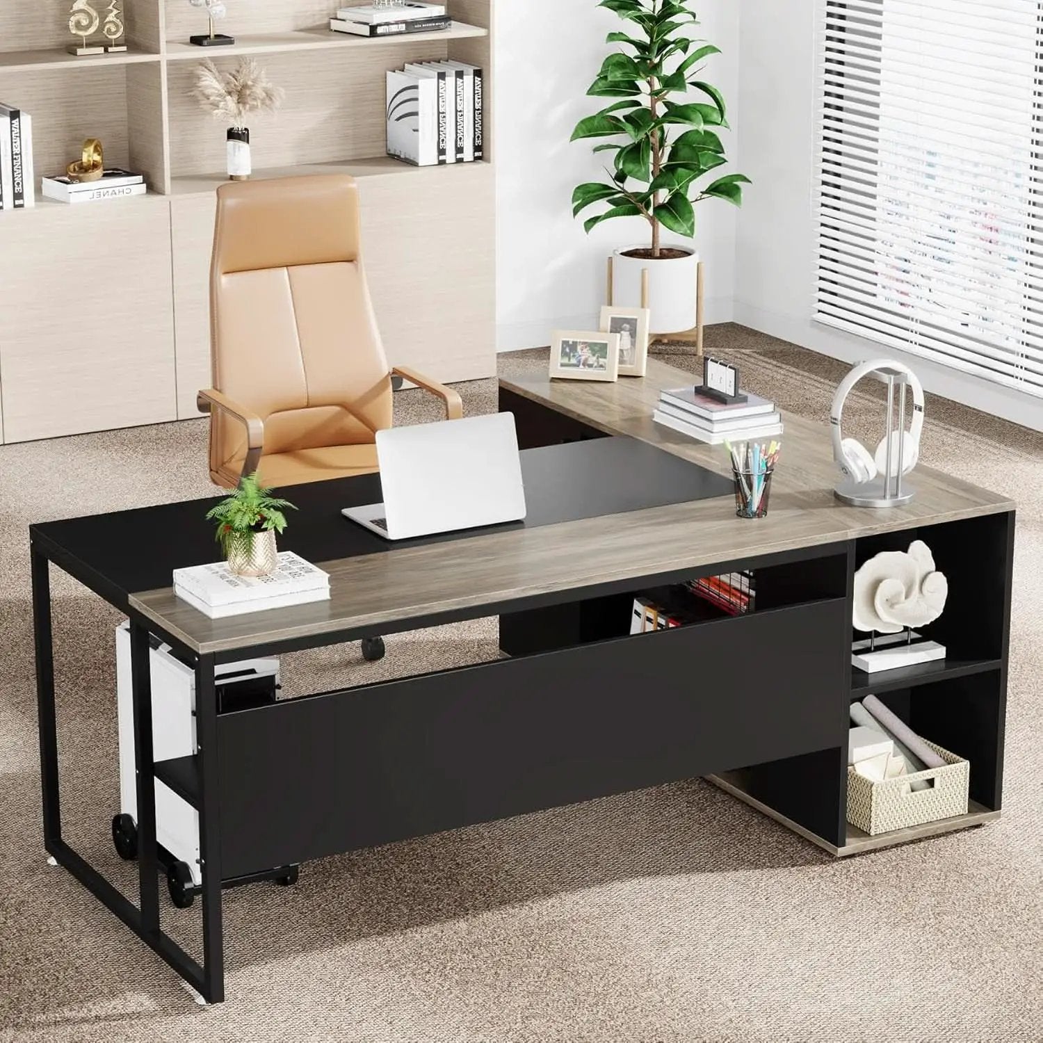 71 Inch Gray L Shaped Desk With Cabinet Storage For Home Office from PriceLows™