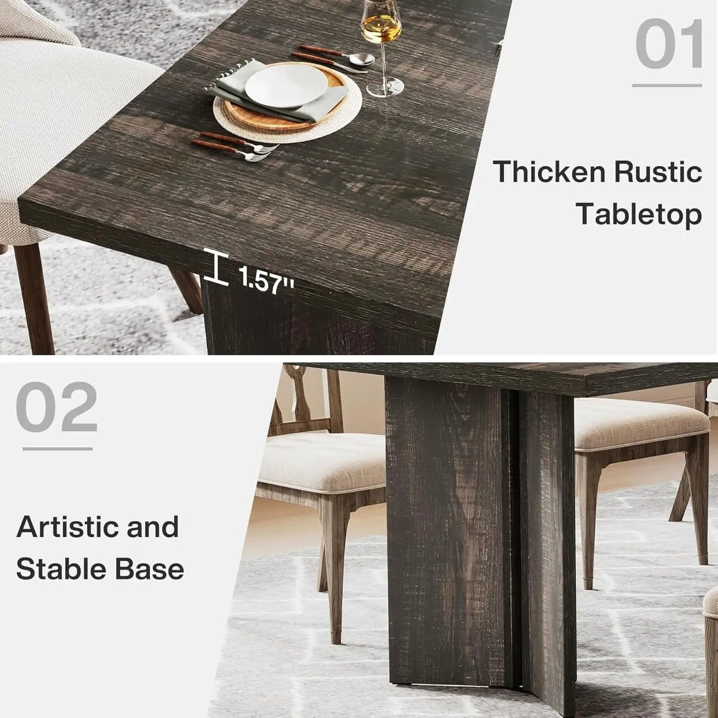 63 Inch Dark Gray Dining Table Farmhouse Rectangular from PriceLows™
