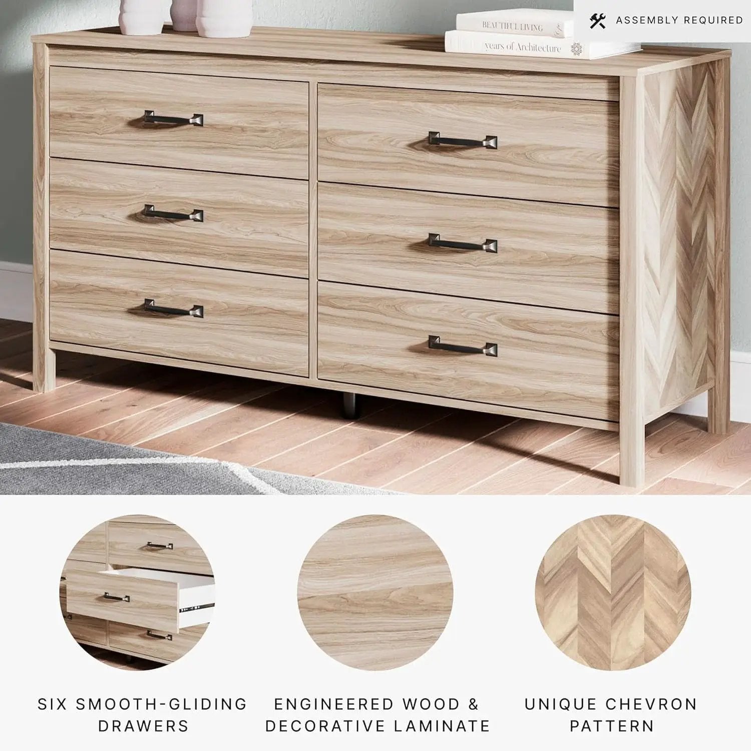 Mid-Century Modern 6 Drawer Dresser With Chevron Pattern from PriceLows™