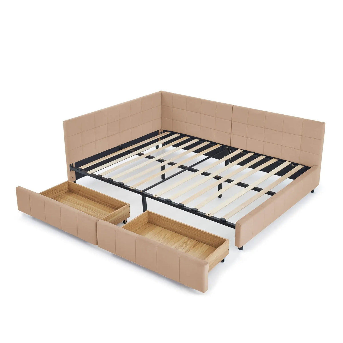 Mid-Century Storage Bed Frame | Upholstered Tufted Design | Backrest And Armrests | Bed Or Sofa Use
