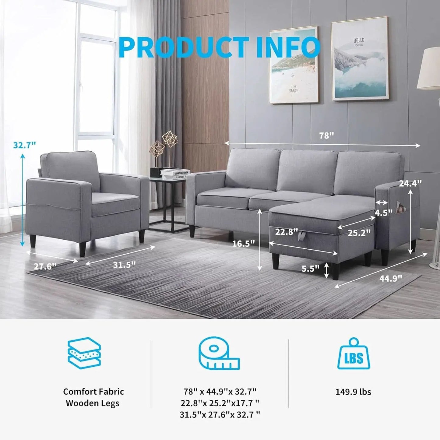 Light Grey Convertible Sofa Set With Storage Ottoman from PriceLows™