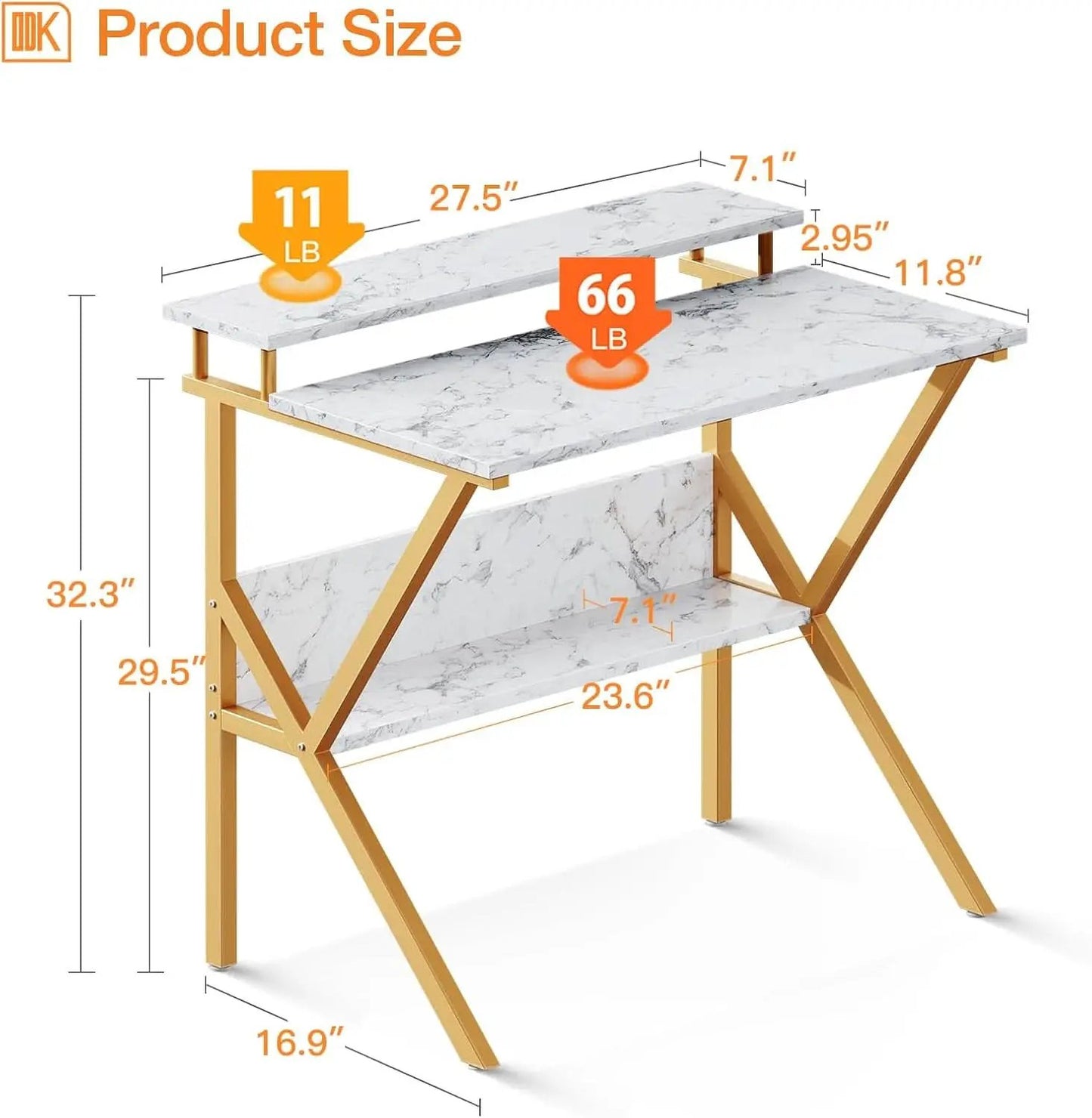 27.5 Inch Computer Desk With Monitor Stand And Storage White Marble Gold Leg from PriceLows™