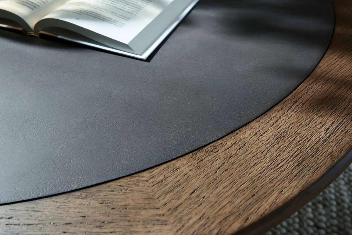 Dontayne Round End Table | Faux Cement Top | Warm Wood-Tone Finish | 24 Inch Diameter