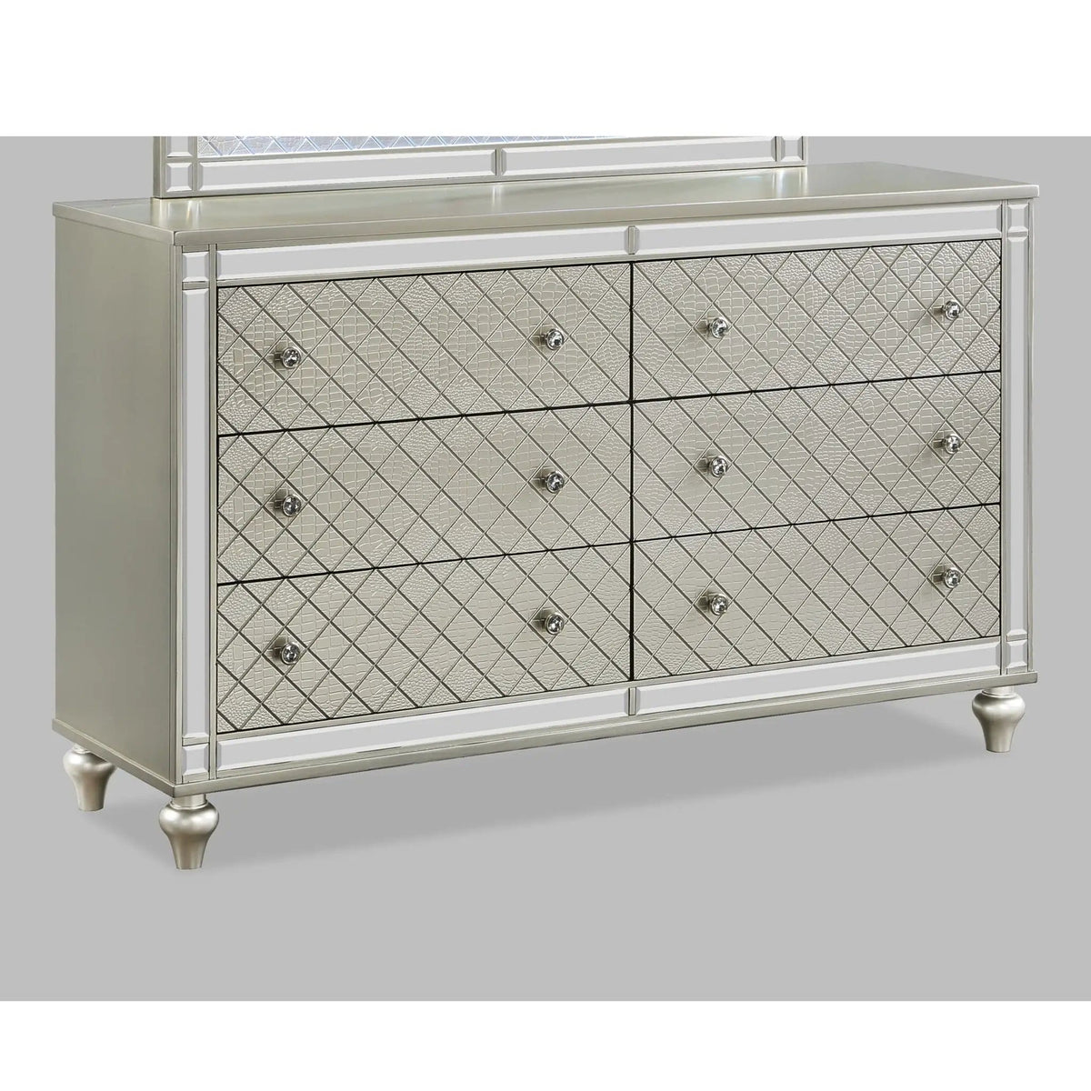 6 Drawer Bedroom Dresser With Diamond Patterned Drawer Fronts - | 62 x 18.3 x 37.8 in | 6-Drawer | Silver