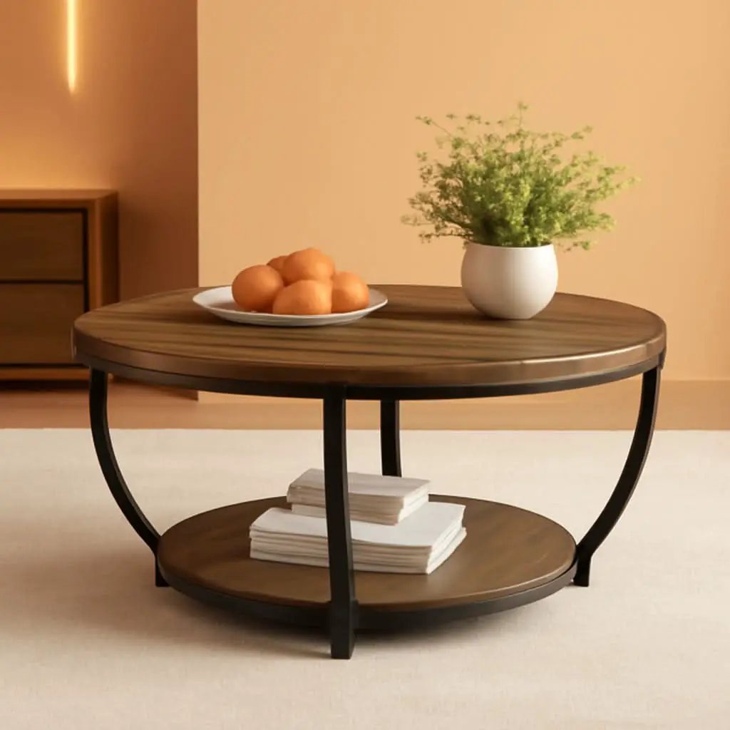 Round Coffee Table 31.7Inches Rustic Brown Storage from PriceLows™