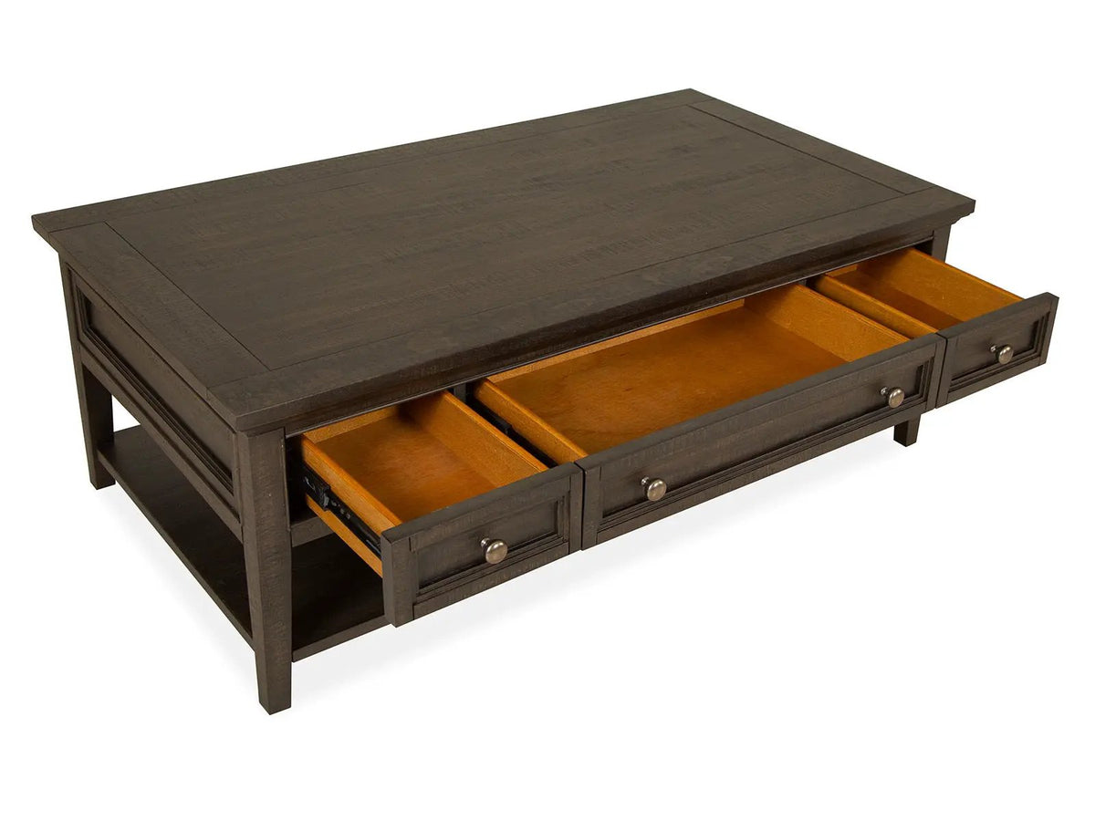 Westley Falls Rectangular Cocktail Table | Graphite | Three Storage Drawers | Casters